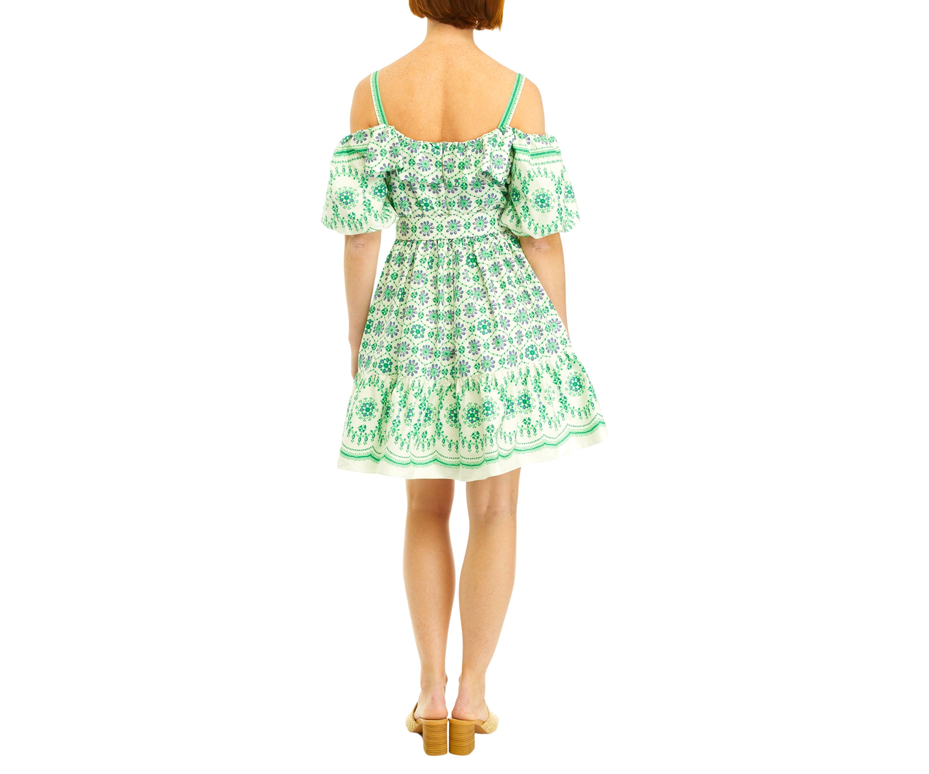 Womens Short Sleeve Cold Shoulder Medallion Border Print Fit and Flare Dress