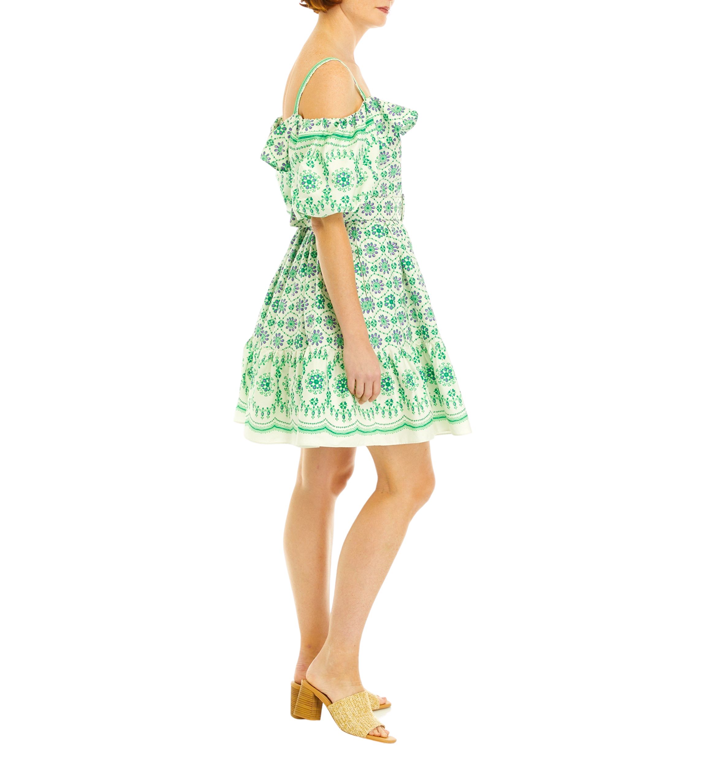 Womens Short Sleeve Cold Shoulder Medallion Border Print Fit and Flare Dress