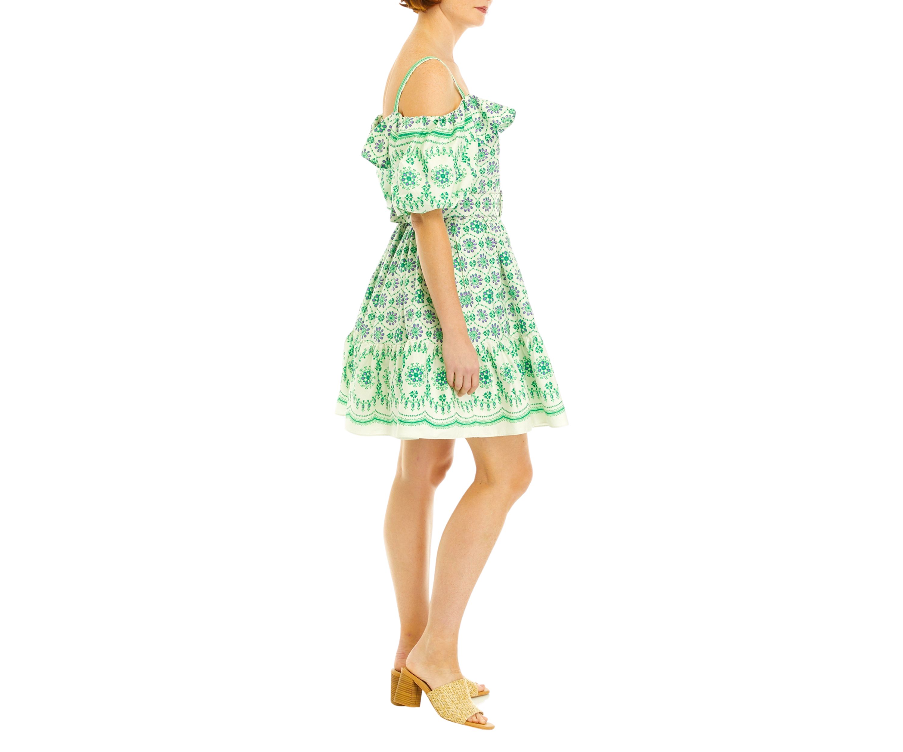 Womens Short Sleeve Cold Shoulder Medallion Border Print Fit and Flare Dress