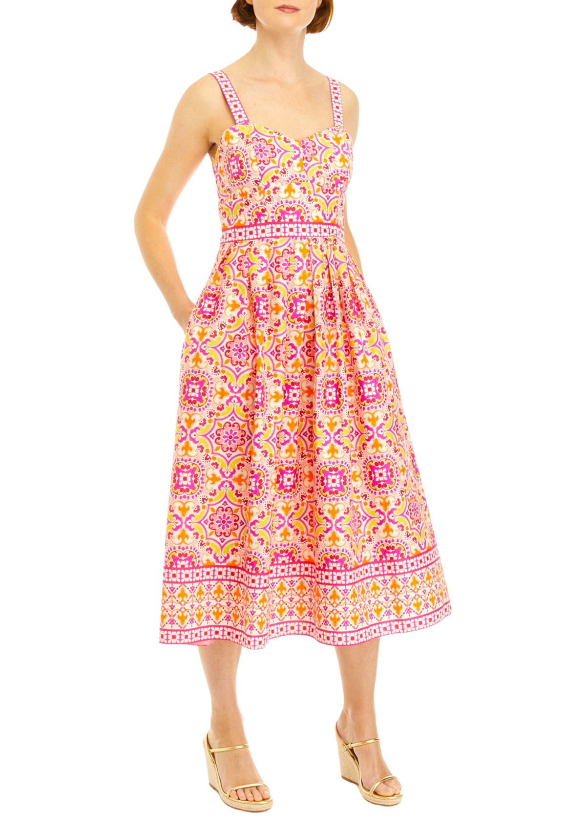 Womens Sleeveless Medallion Print Midi Fit and Flare Dress