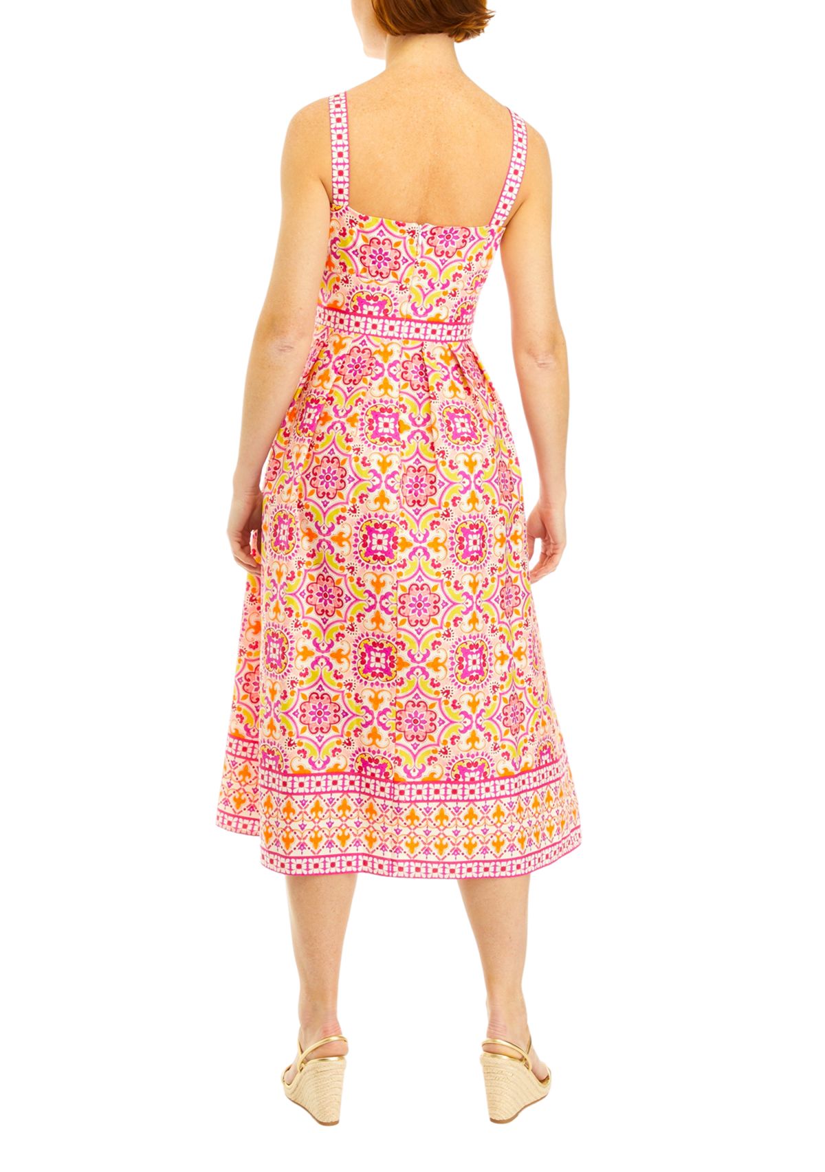 Womens Sleeveless Medallion Print Midi Fit and Flare Dress