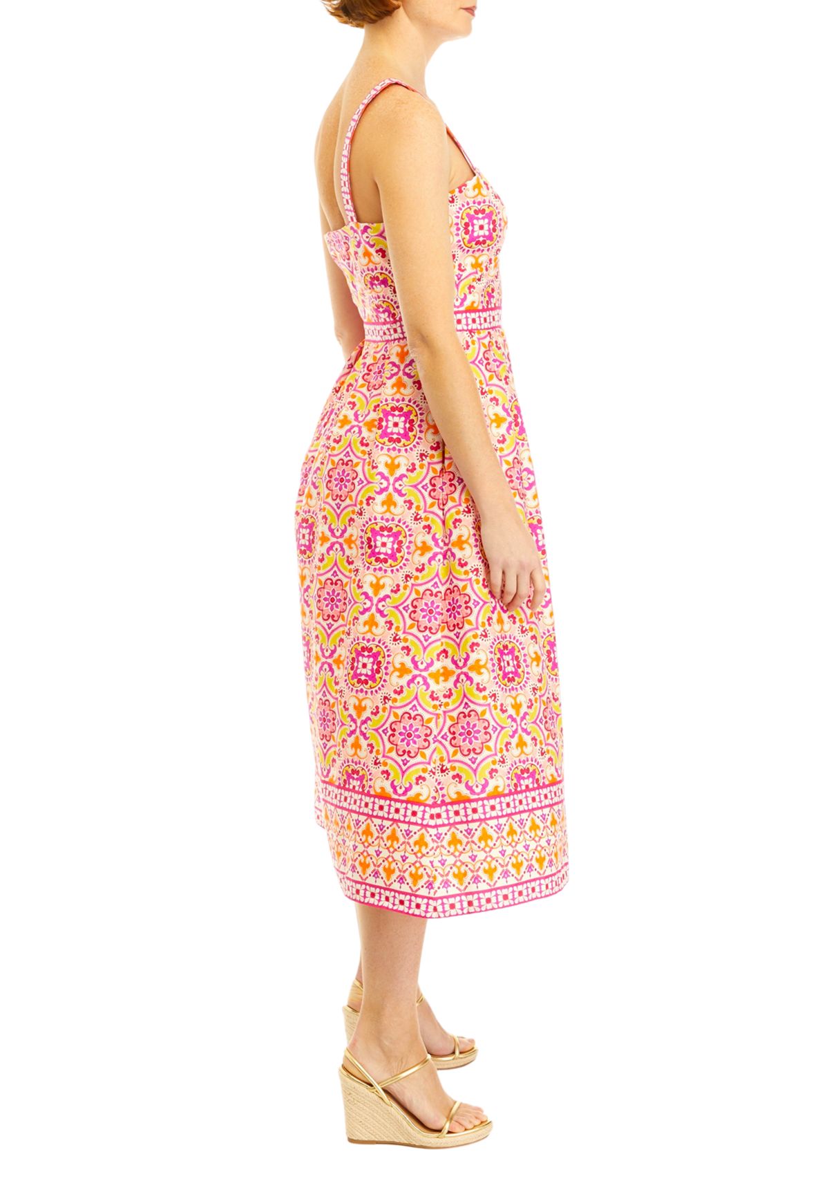 Womens Sleeveless Medallion Print Midi Fit and Flare Dress