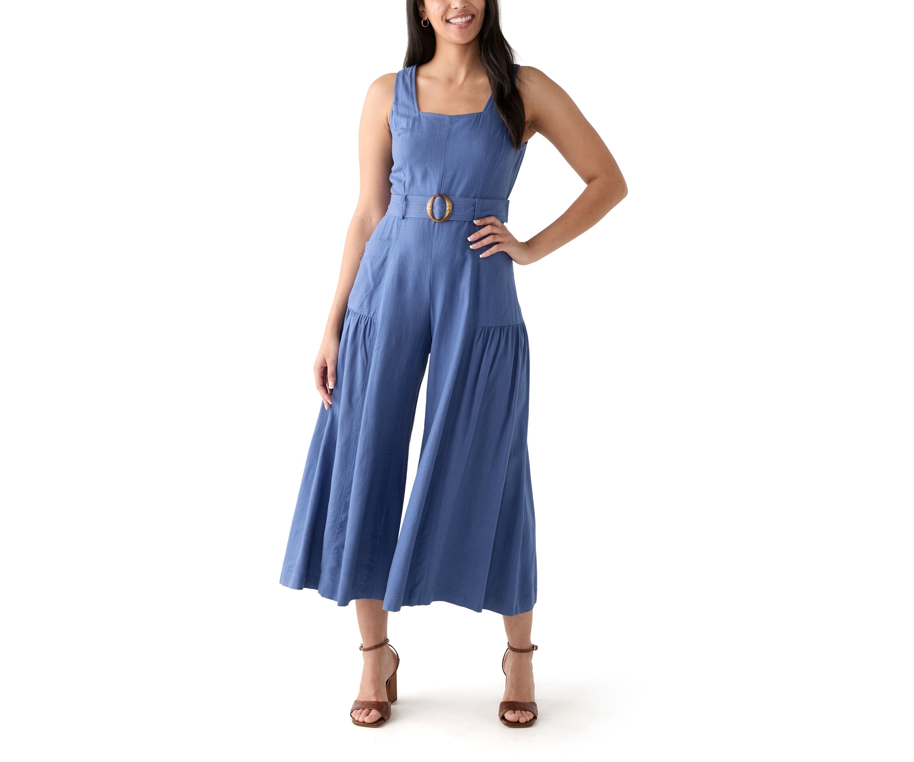 Womens Sleeveless Square Neck Belted Jumpsuit