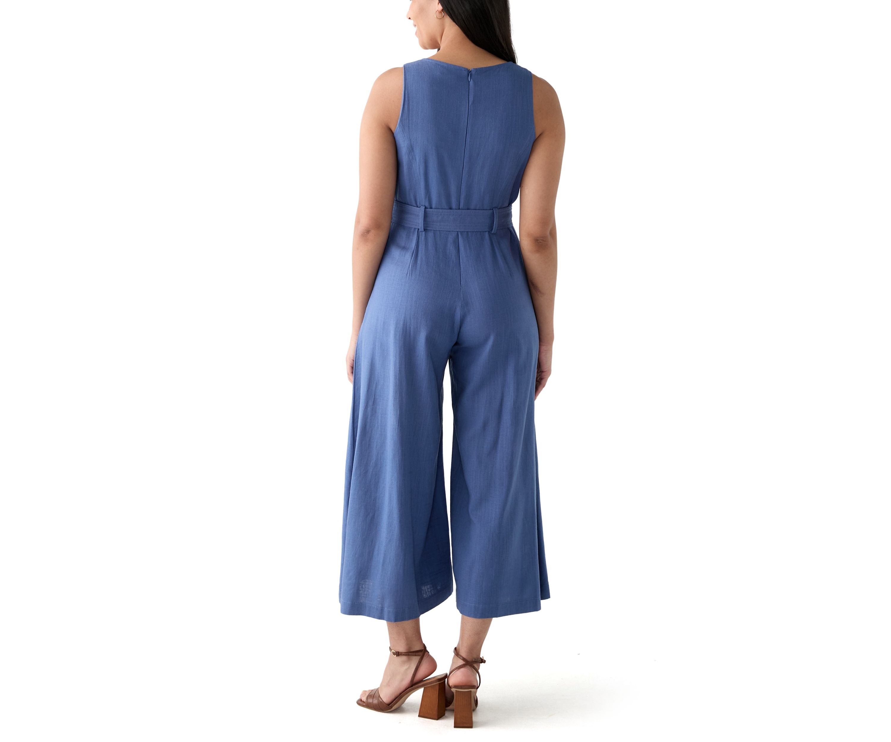 Womens Sleeveless Square Neck Belted Jumpsuit