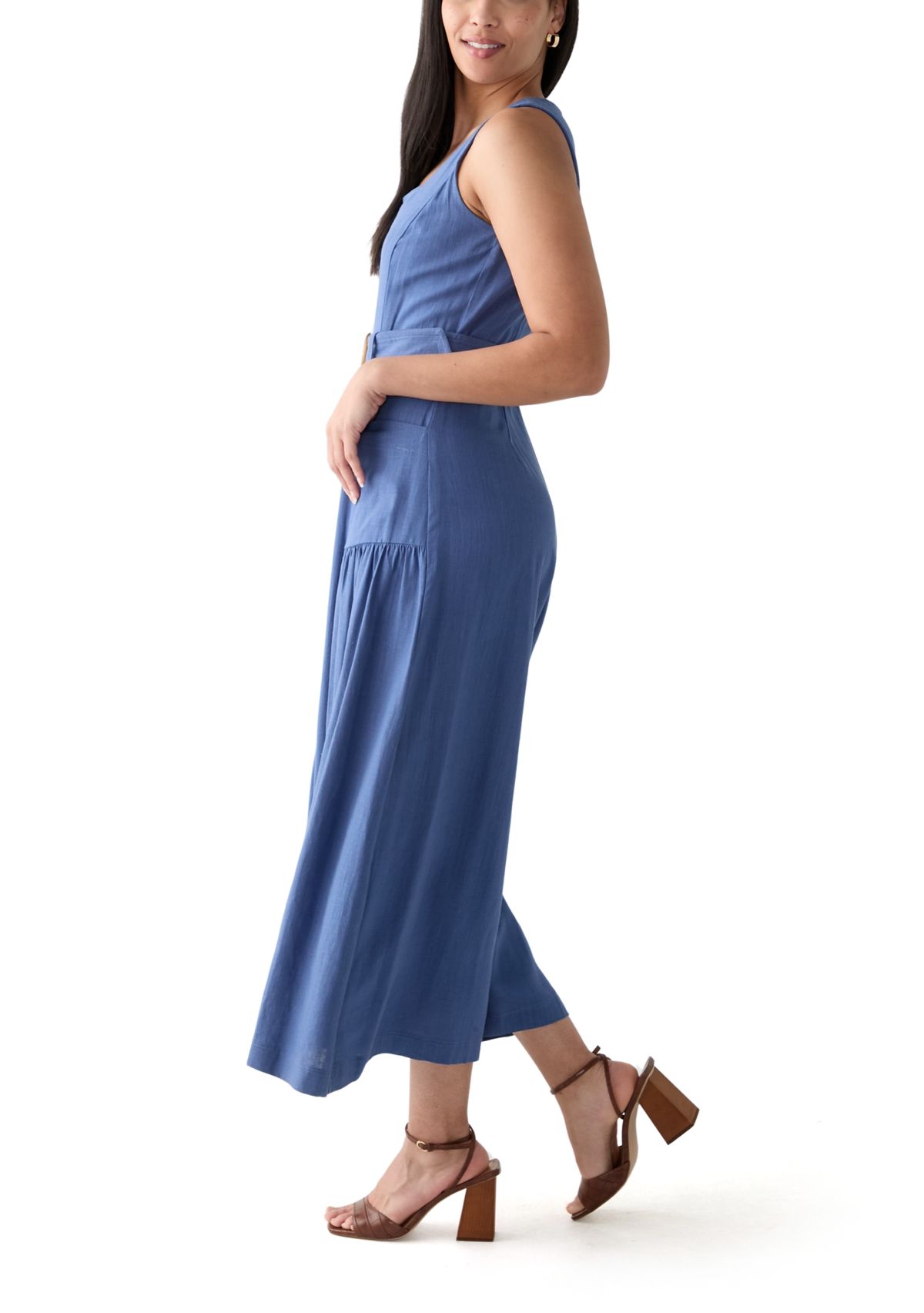 Womens Sleeveless Square Neck Belted Jumpsuit