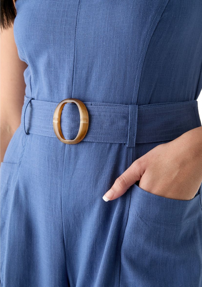 Womens Sleeveless Square Neck Belted Jumpsuit