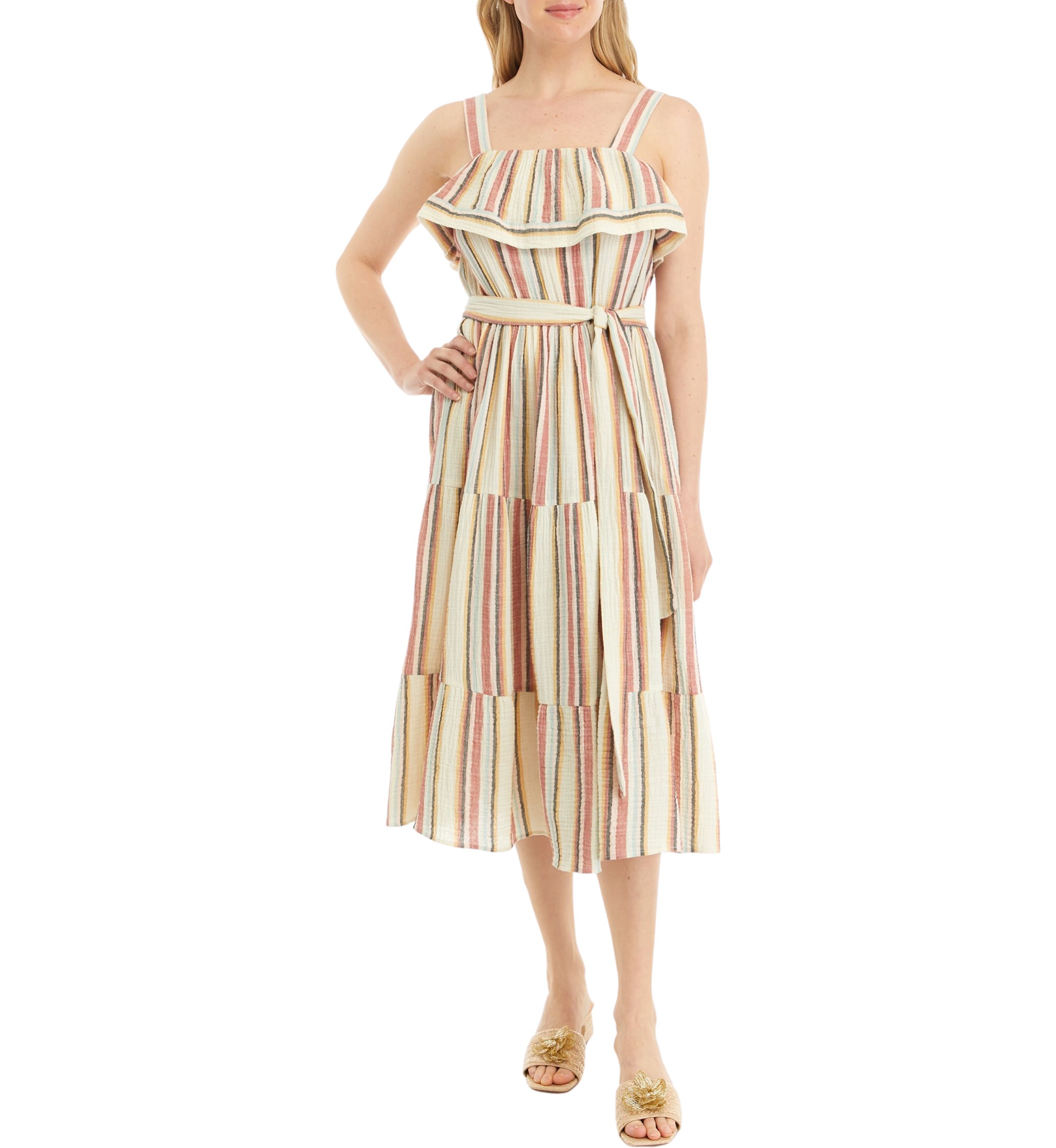 Womens Sleeveless Frill Neckline Striped Fit and Flare Dress