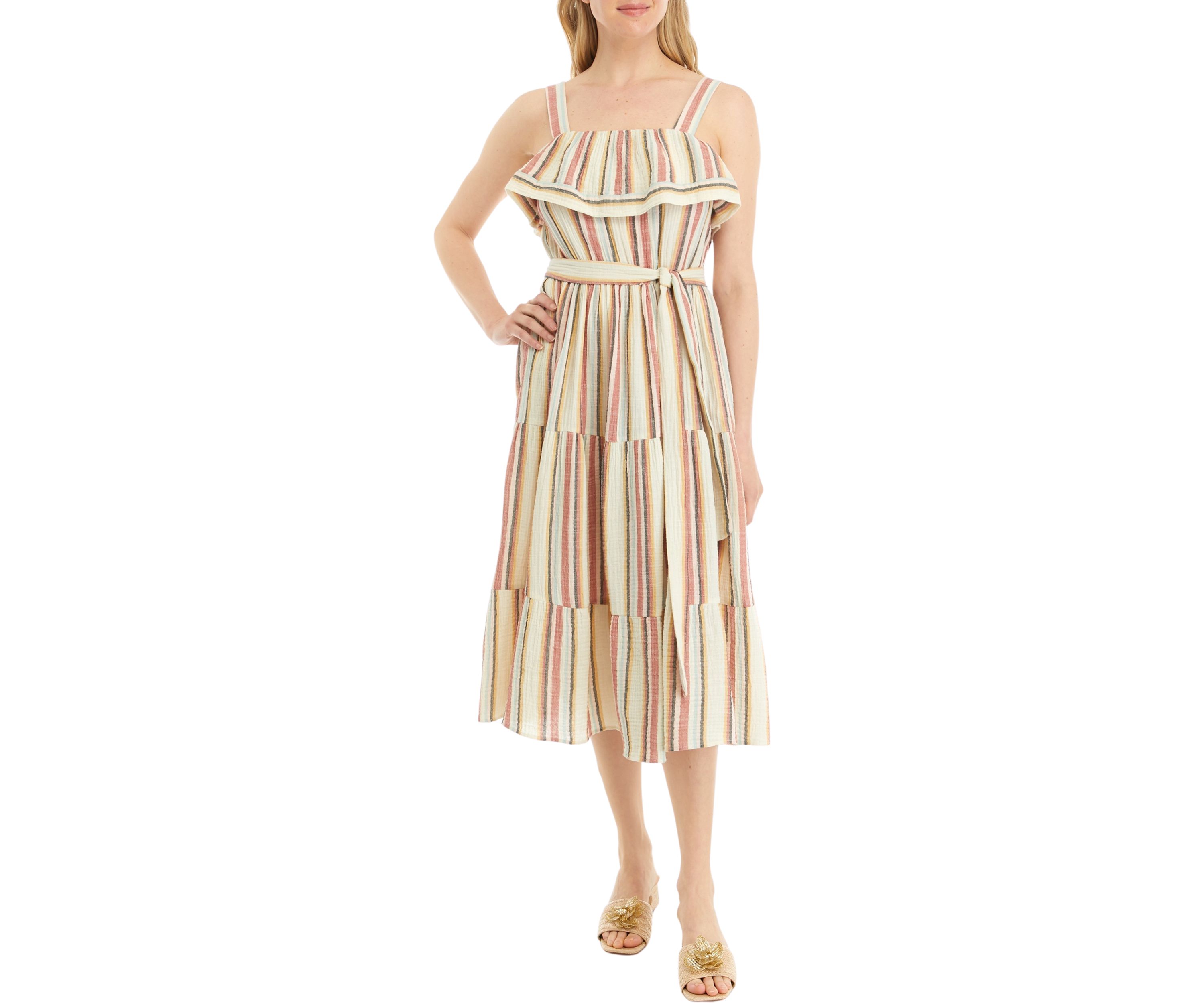 Womens Sleeveless Frill Neckline Striped Fit and Flare Dress