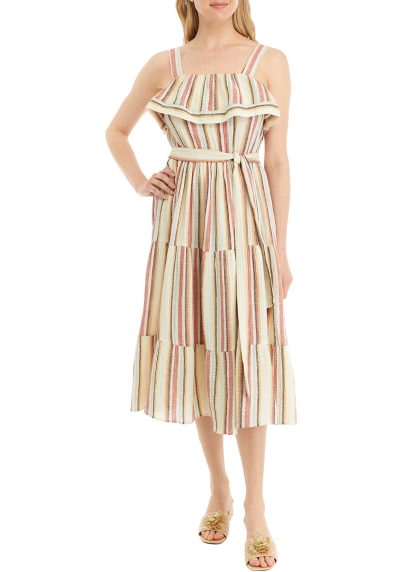Womens Sleeveless Frill Neckline Striped Fit and Flare Dress