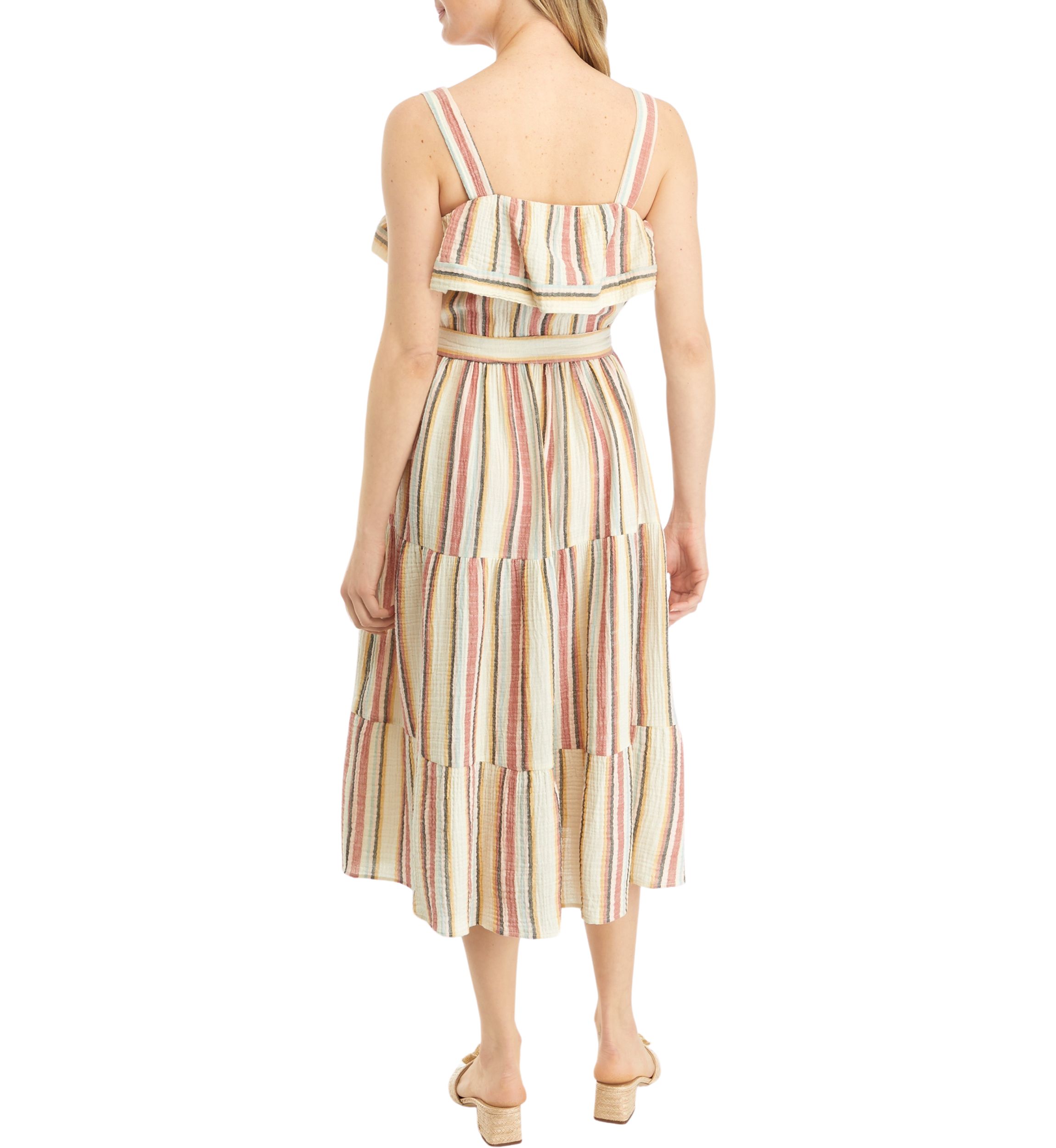 Womens Sleeveless Frill Neckline Striped Fit and Flare Dress