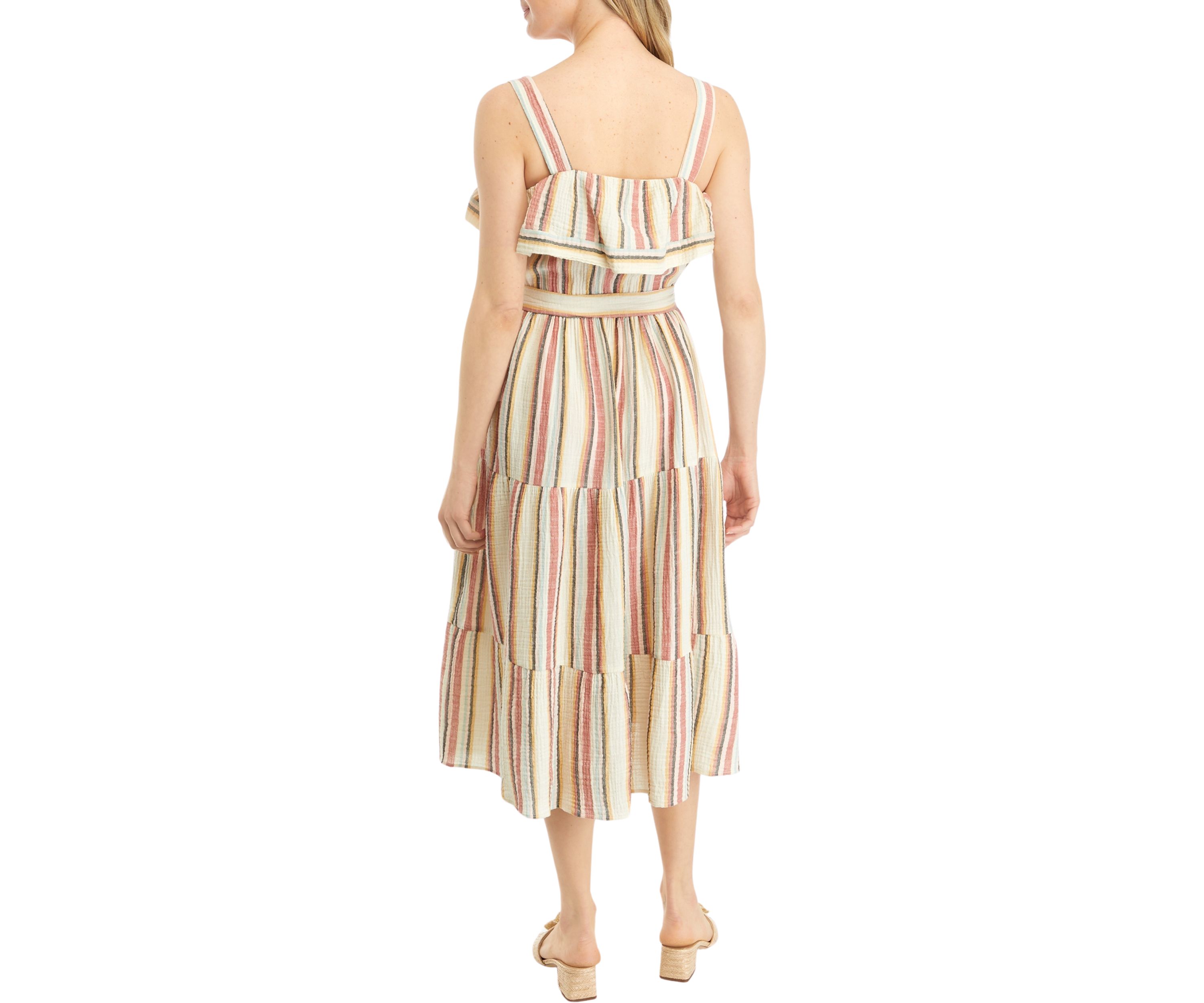 Womens Sleeveless Frill Neckline Striped Fit and Flare Dress