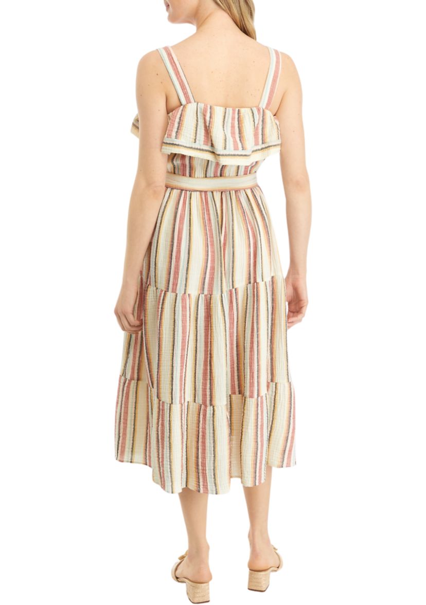 Womens Sleeveless Frill Neckline Striped Fit and Flare Dress