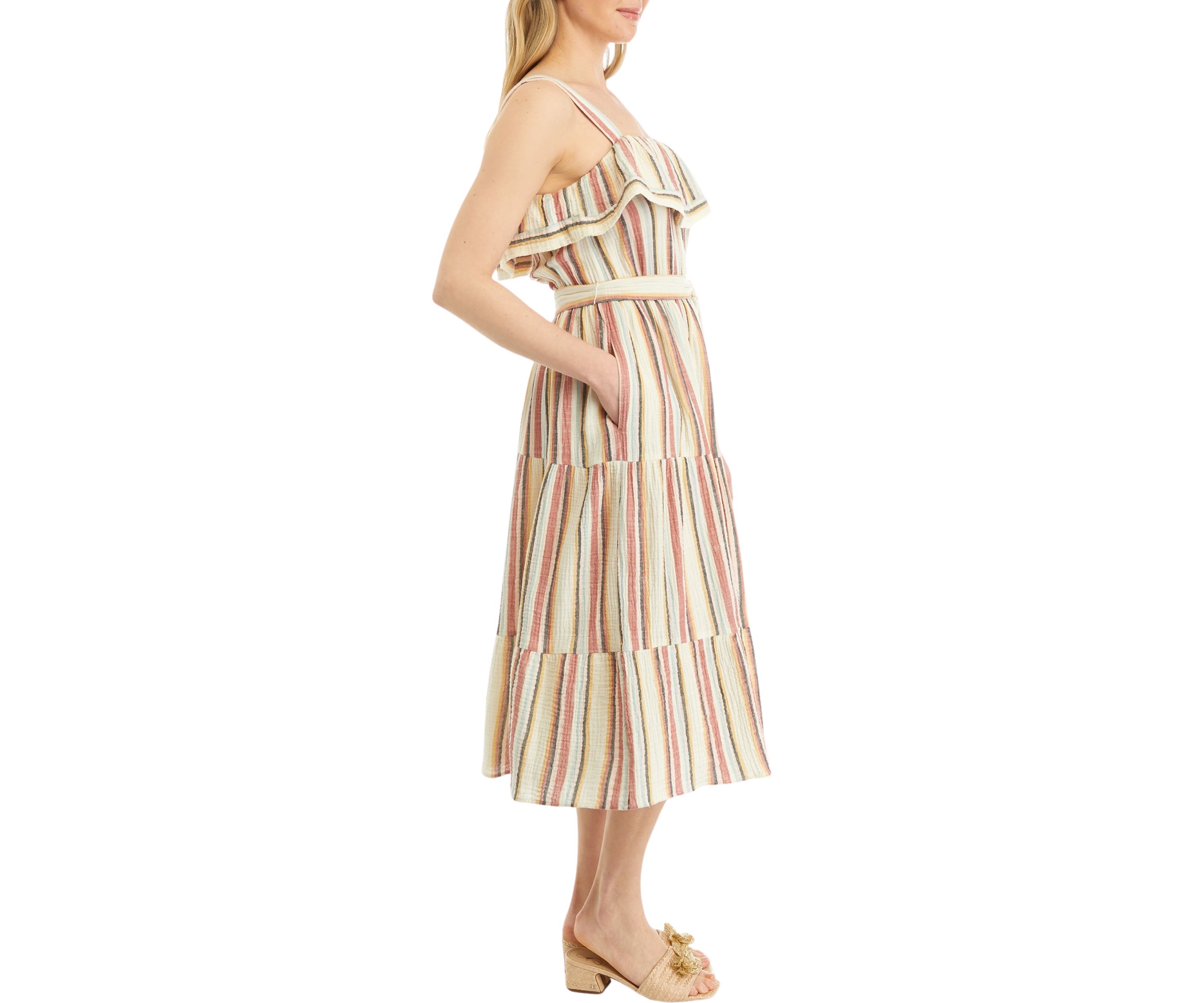 Womens Sleeveless Frill Neckline Striped Fit and Flare Dress