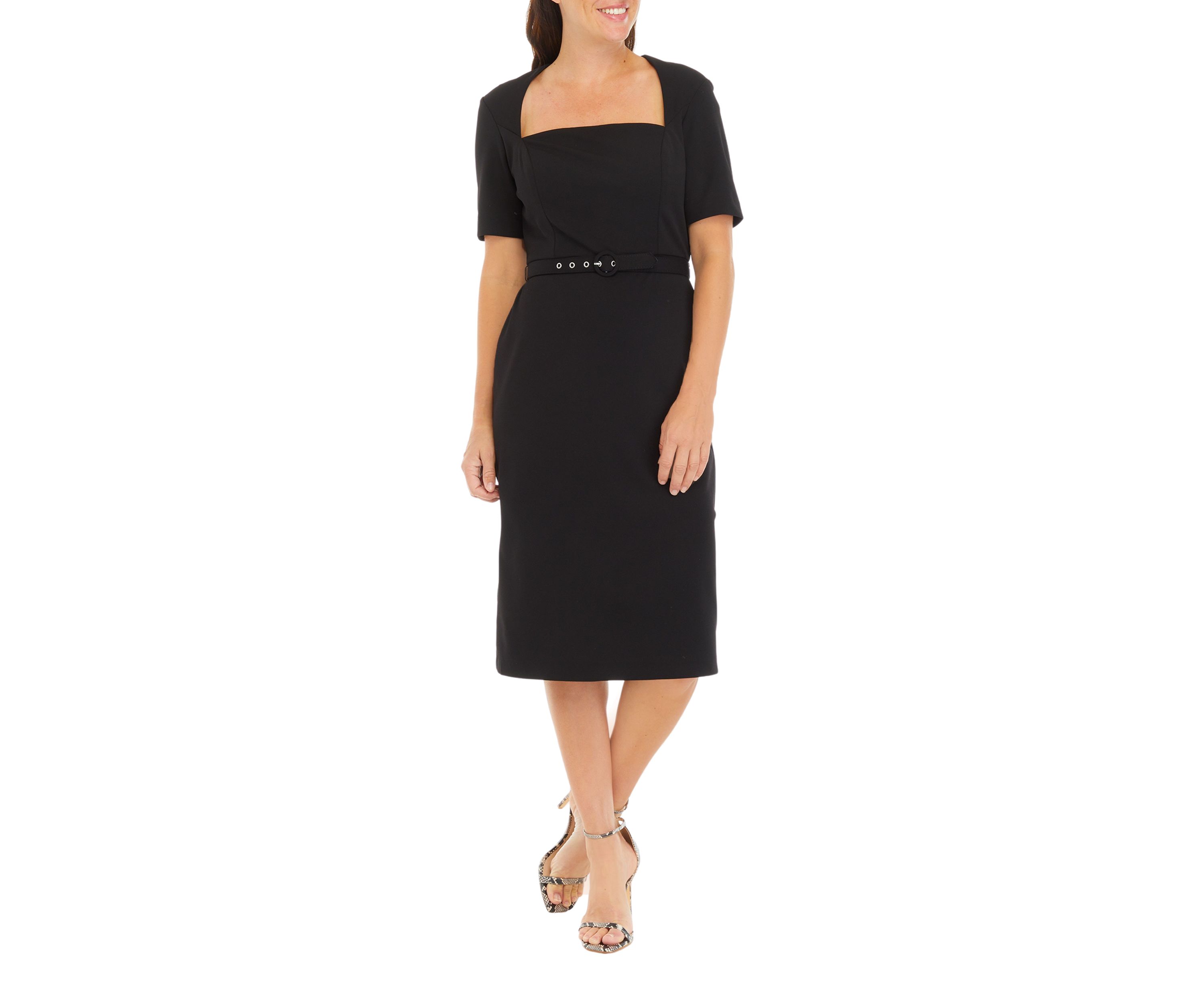 Womens Square Neck Solid Belted Sheath Dress