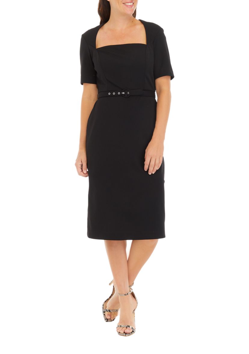 Womens Square Neck Solid Belted Sheath Dress