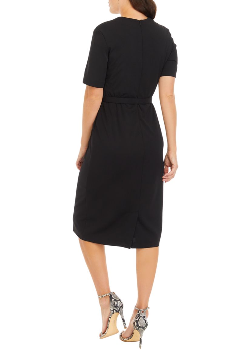 Womens Square Neck Solid Belted Sheath Dress