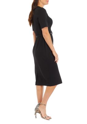 Women's Square Neck Solid Belted Sheath Dress