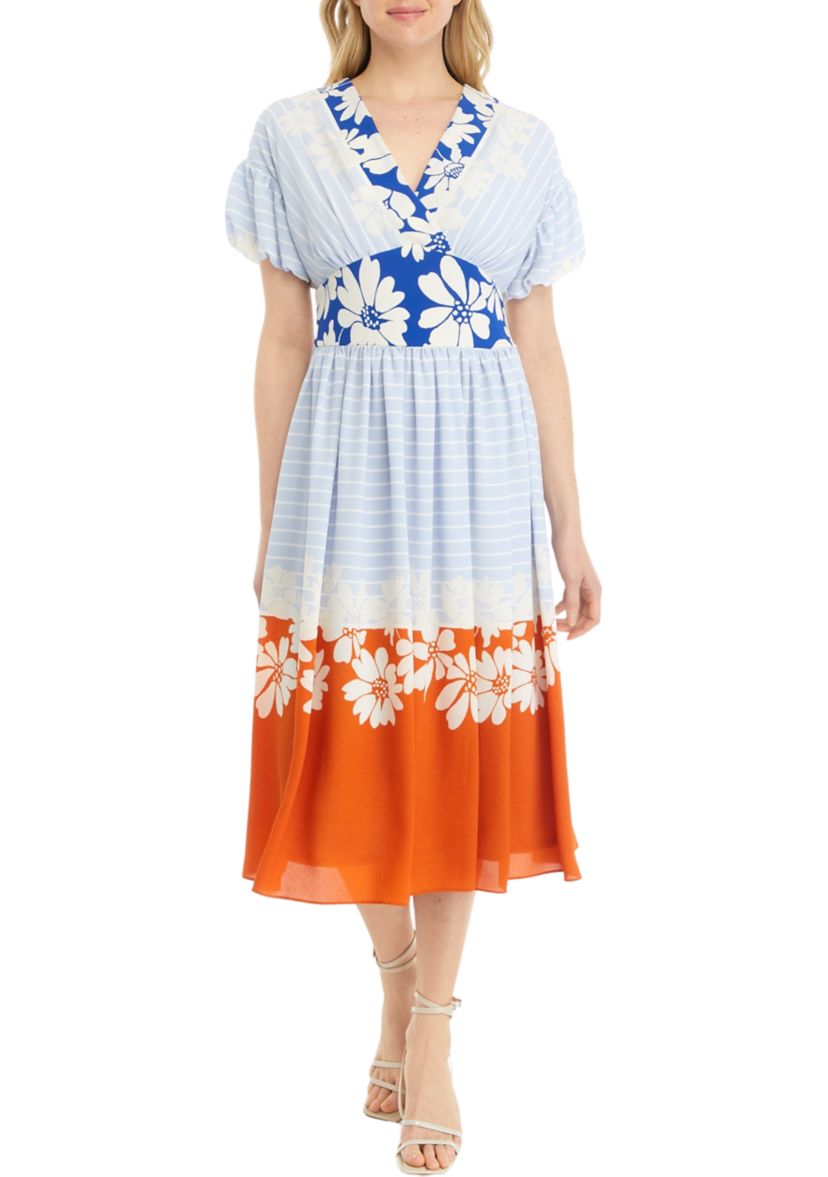 Womens Sleeveless V-Neck Multi Print Fit and Flare Dress