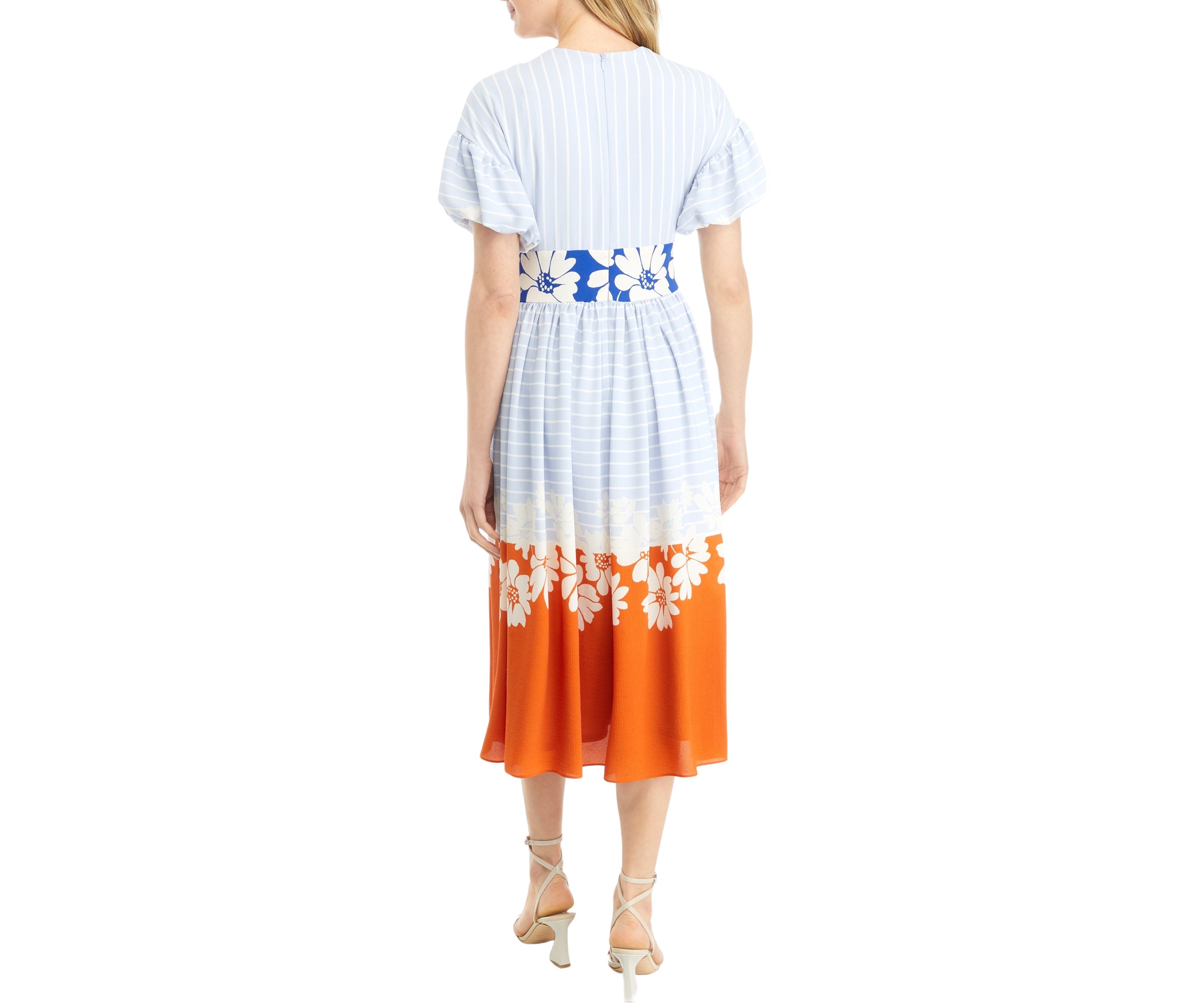 Womens Sleeveless V-Neck Multi Print Fit and Flare Dress