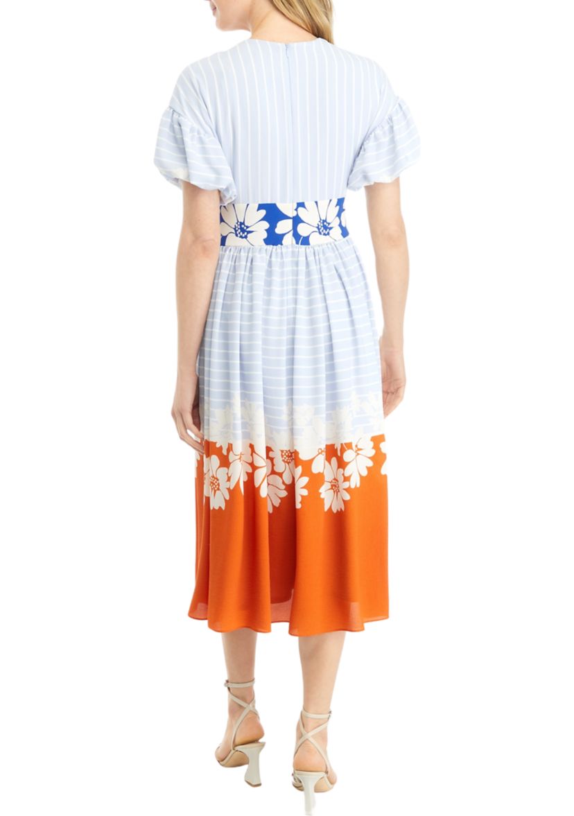 Womens Sleeveless V-Neck Multi Print Fit and Flare Dress