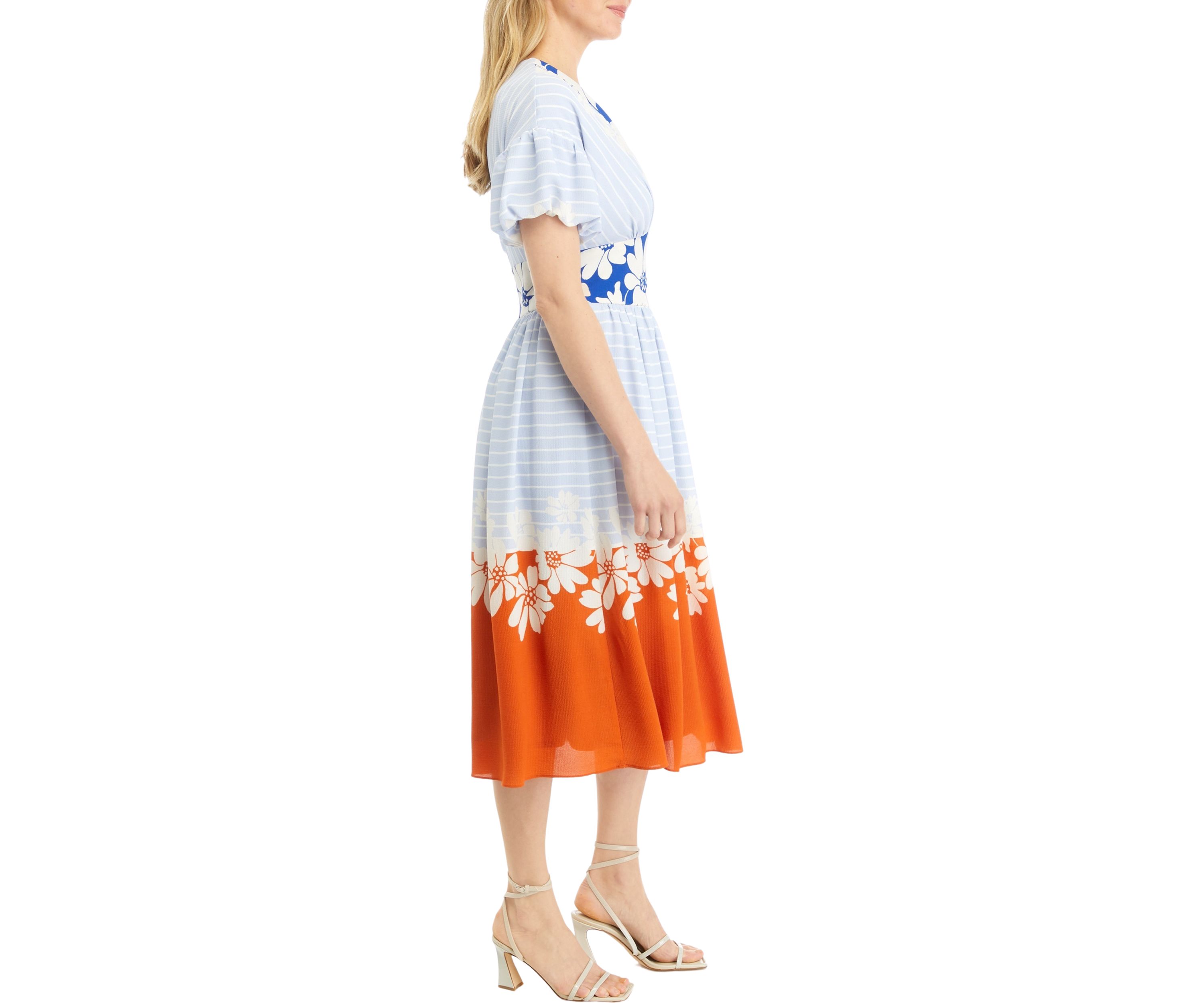 Womens Sleeveless V-Neck Multi Print Fit and Flare Dress