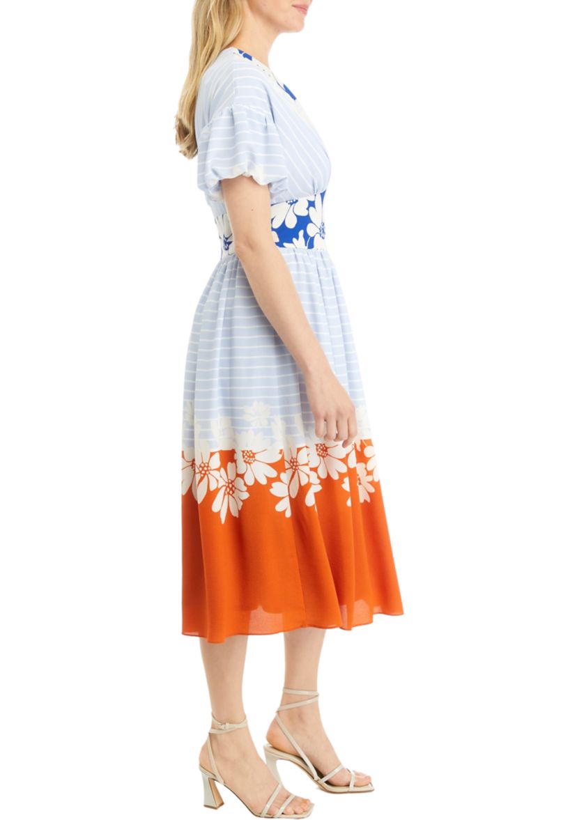 Womens Sleeveless V-Neck Multi Print Fit and Flare Dress