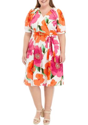 Plus Short Puff Sleeve Large Floral Print Scuba Wrap Midi Dress