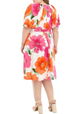 Plus Short Puff Sleeve Large Floral Print Scuba Wrap Midi Dress