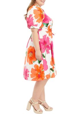 Plus Short Puff Sleeve Large Floral Print Scuba Wrap Midi Dress