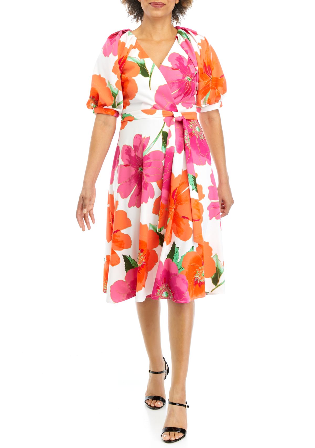Womens Puff Sleeve Floral Printed Scuba Wrapped Midi Dress
