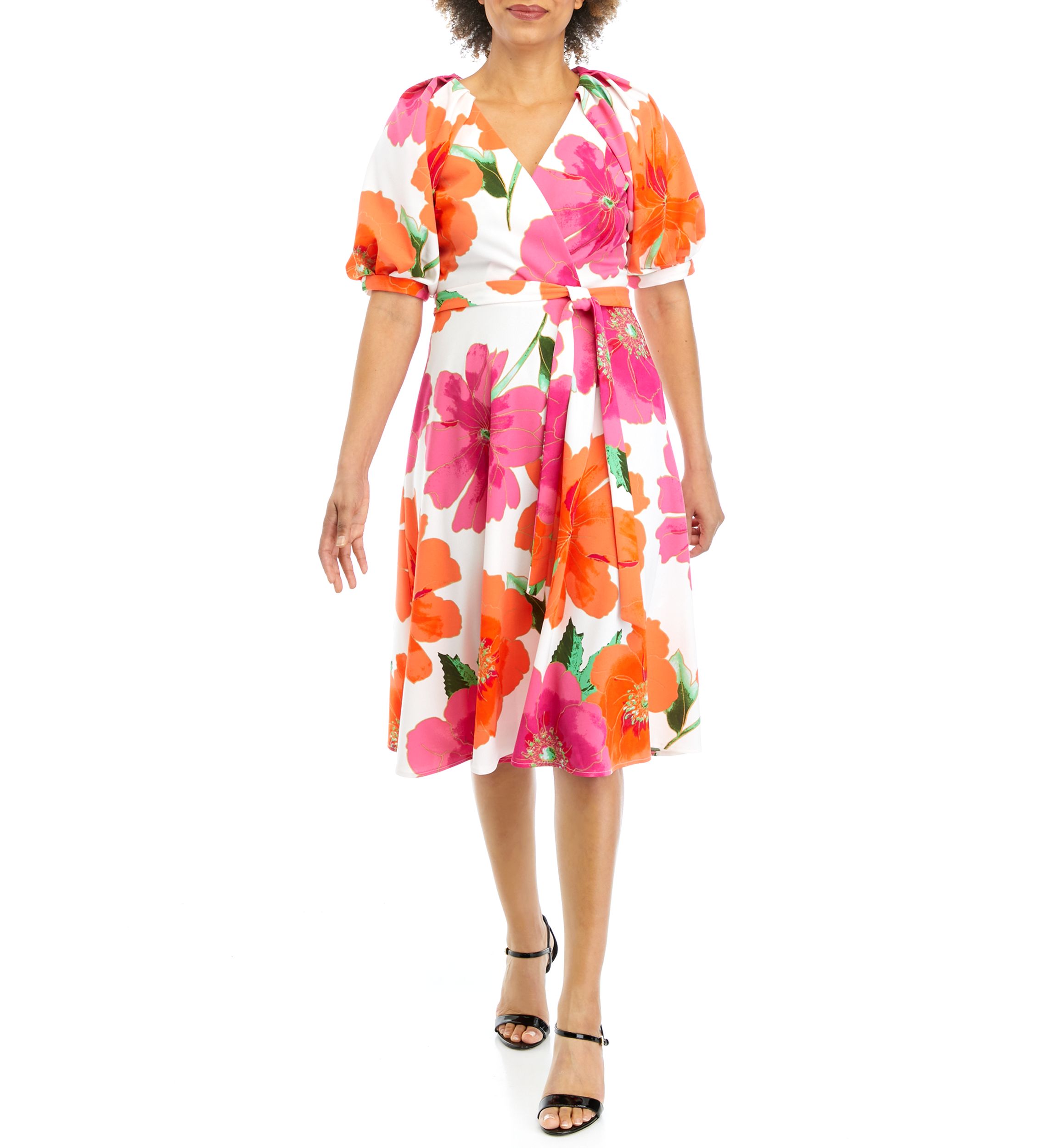 Womens Puff Sleeve Floral Printed Scuba Wrapped Midi Dress