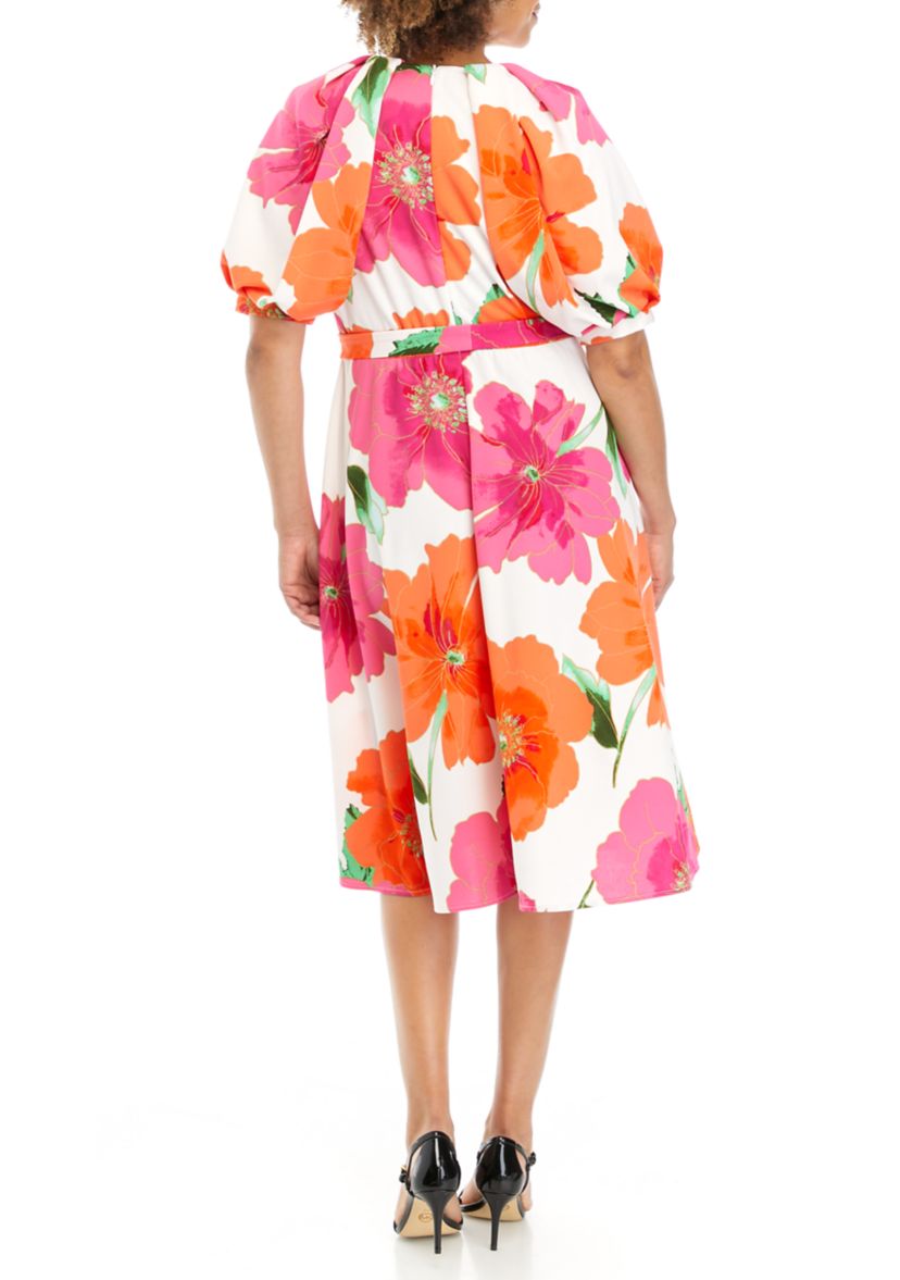 Womens Puff Sleeve Floral Printed Scuba Wrapped Midi Dress