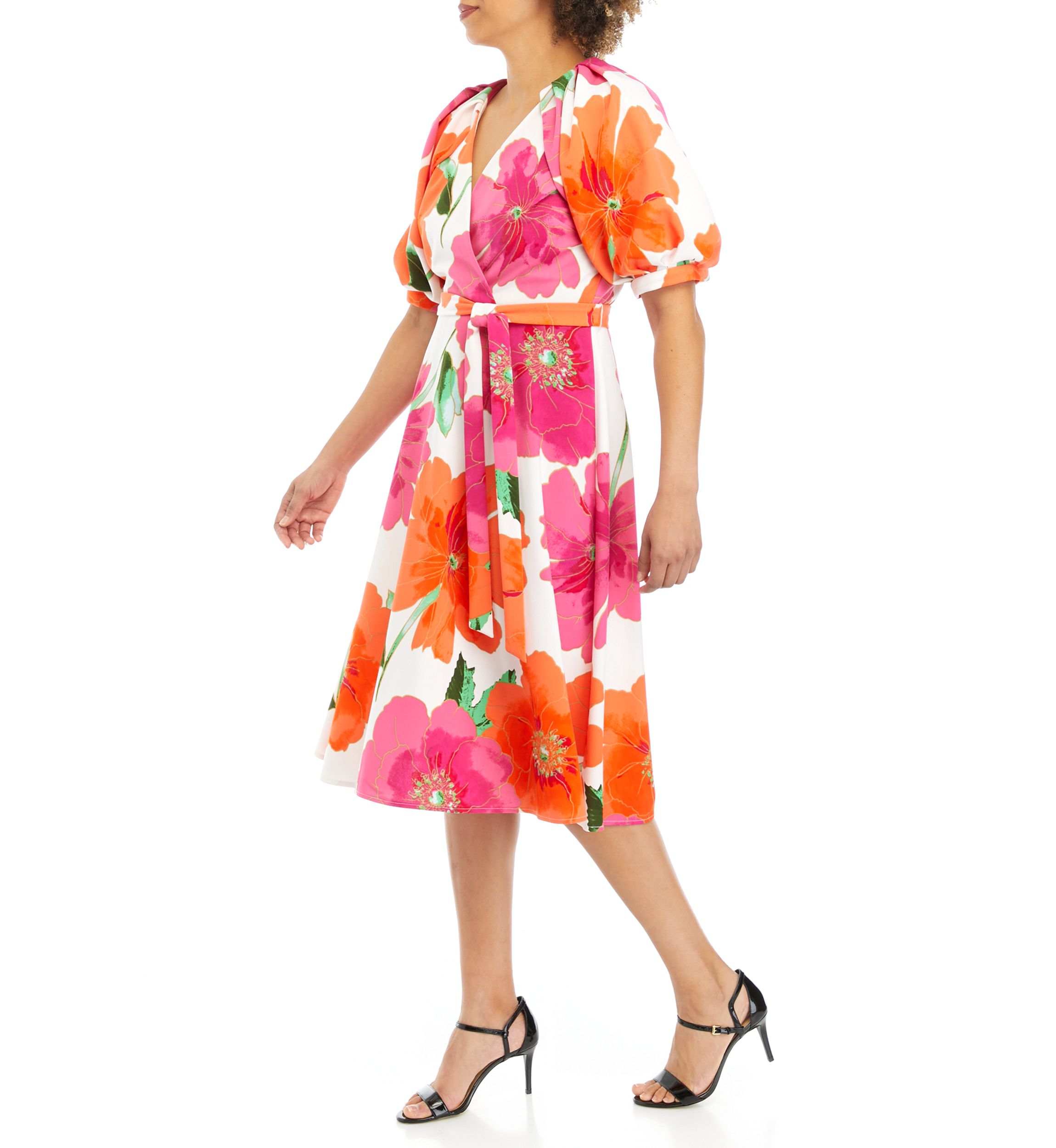 Womens Puff Sleeve Floral Printed Scuba Wrapped Midi Dress