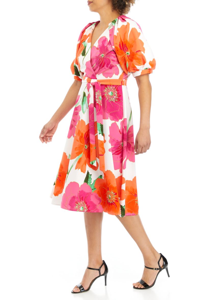 Womens Puff Sleeve Floral Printed Scuba Wrapped Midi Dress