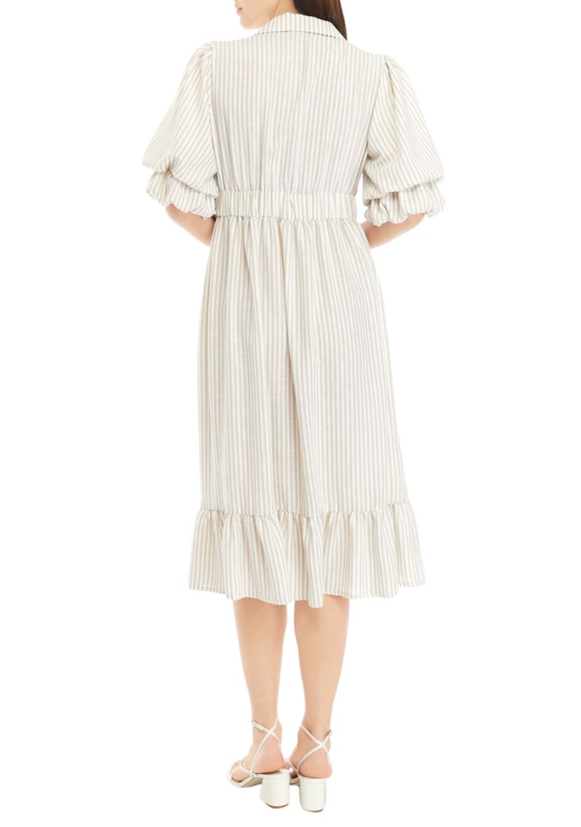 Womens Puff Sleeve Stripe Yarn Dyed Shirt Dress