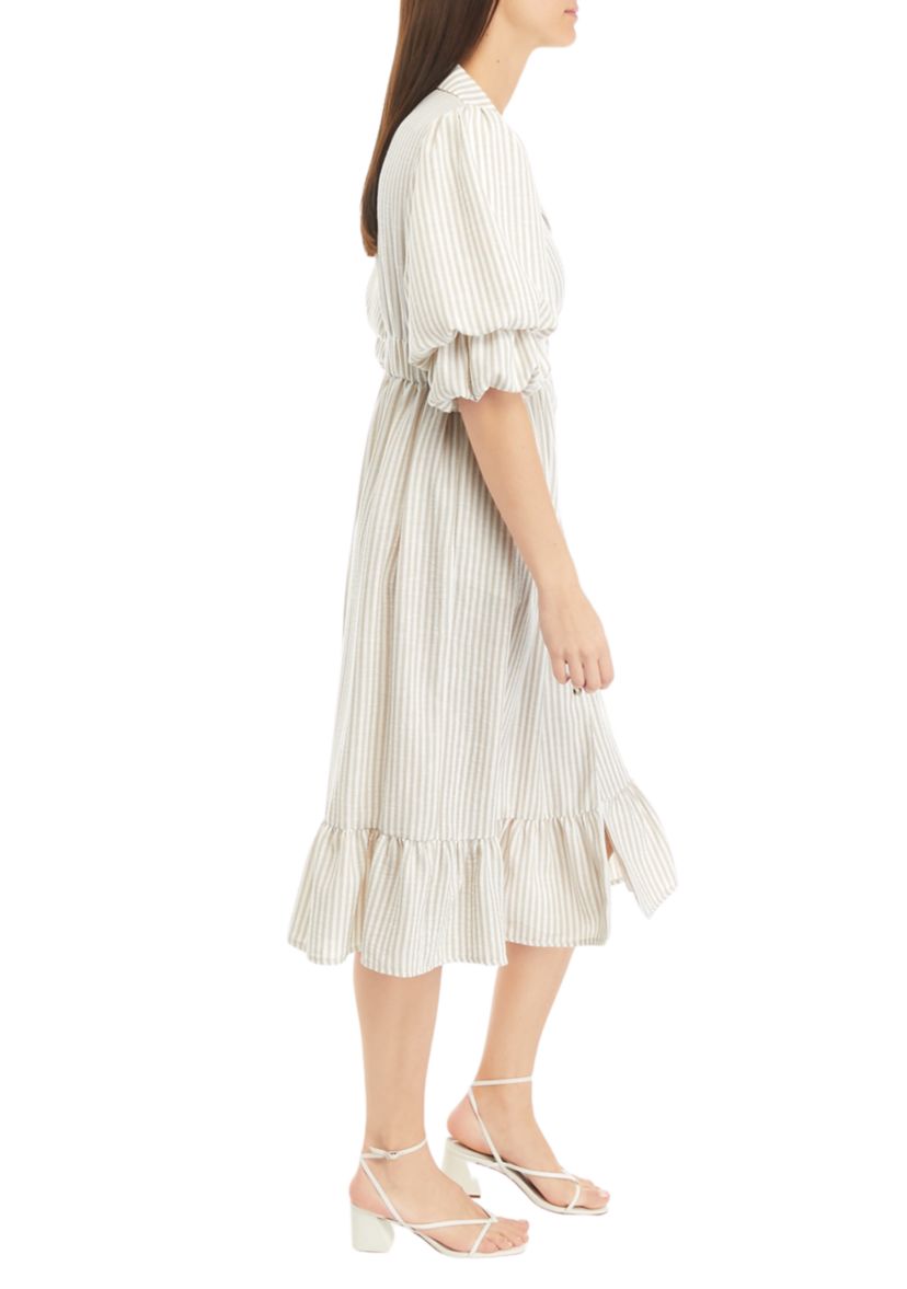 Womens Puff Sleeve Stripe Yarn Dyed Shirt Dress