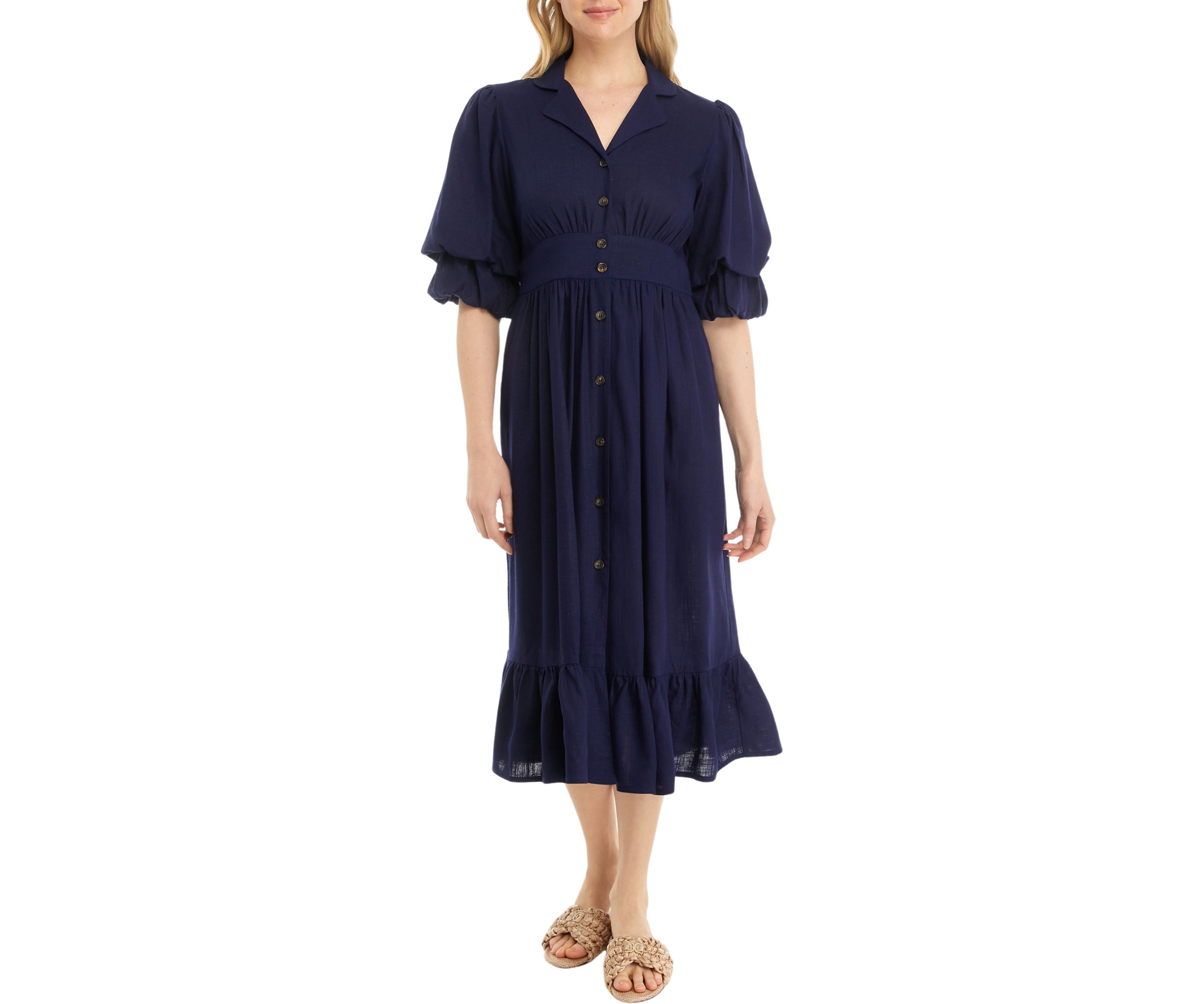 Womens Puff Sleeve Collar Linen Shirt Dress