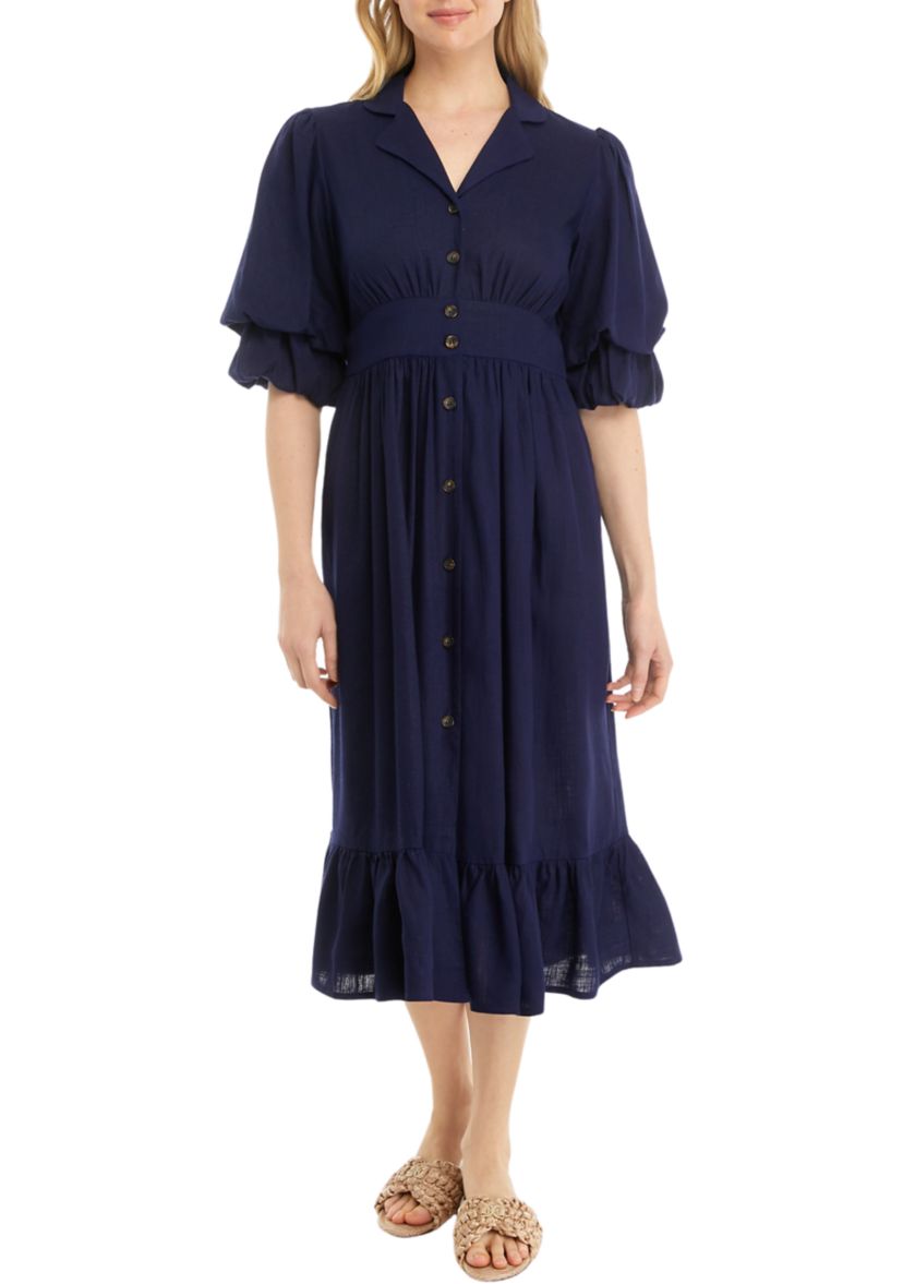 Womens Puff Sleeve Collar Linen Shirt Dress