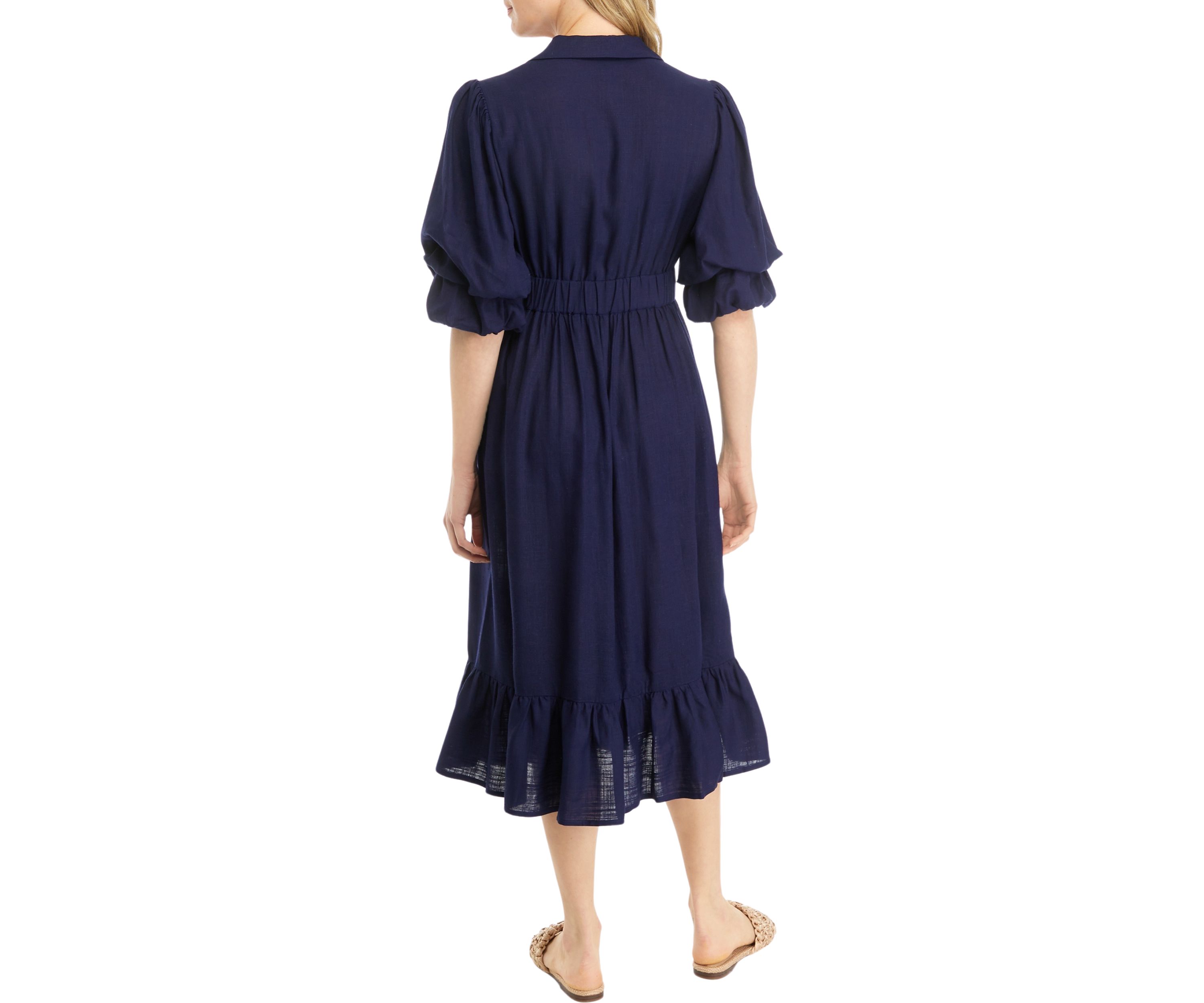 Womens Puff Sleeve Collar Linen Shirt Dress