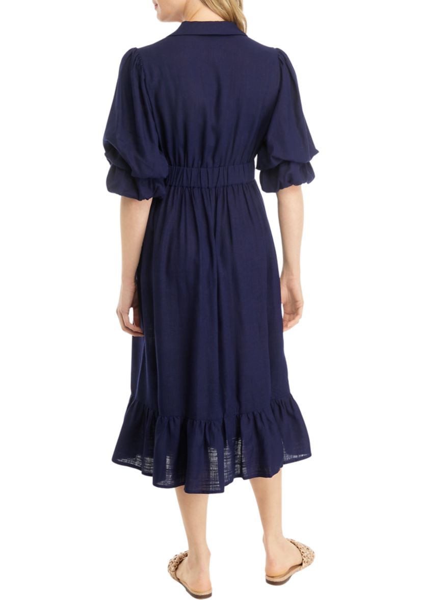 Womens Puff Sleeve Collar Linen Shirt Dress