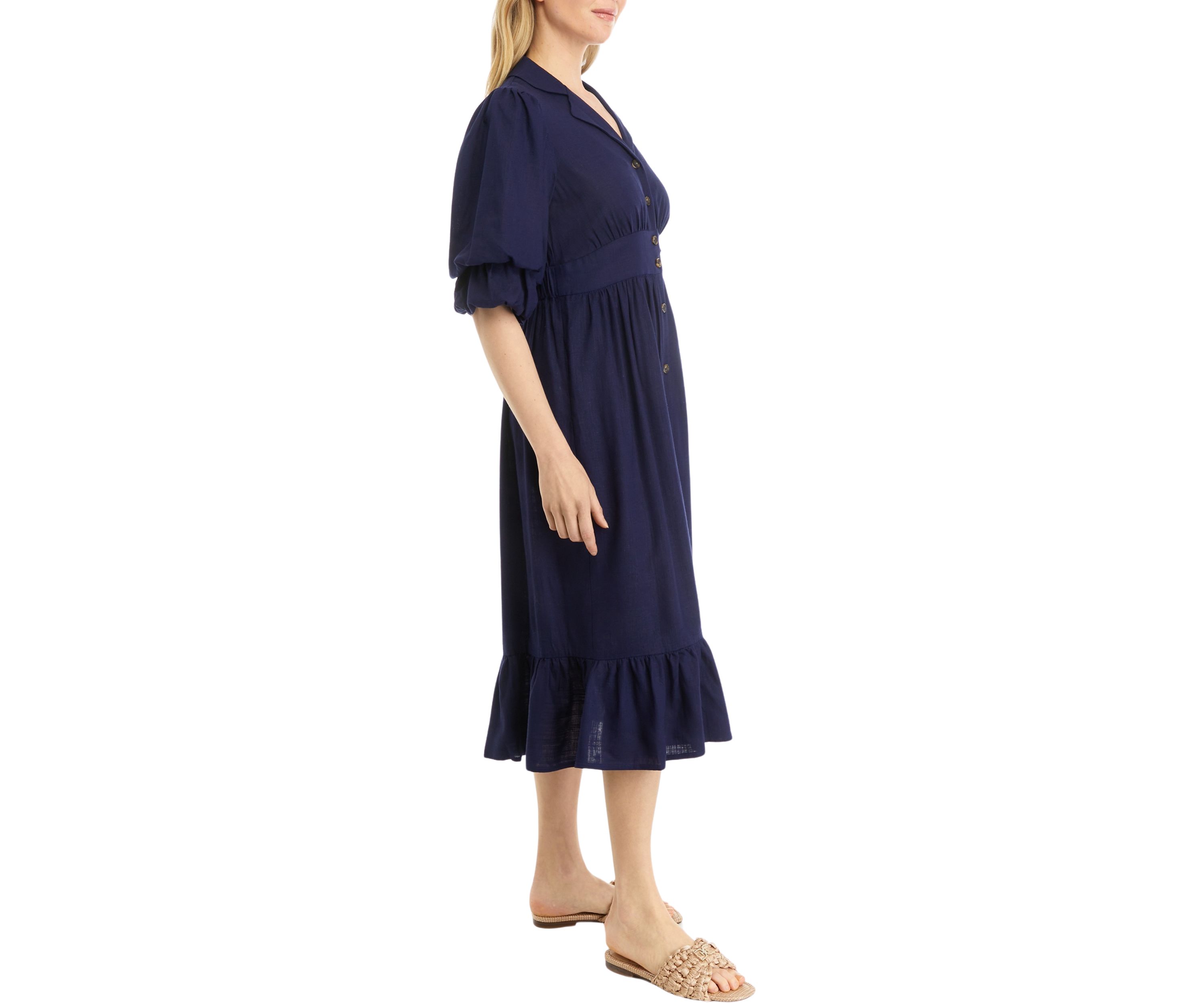 Womens Puff Sleeve Collar Linen Shirt Dress