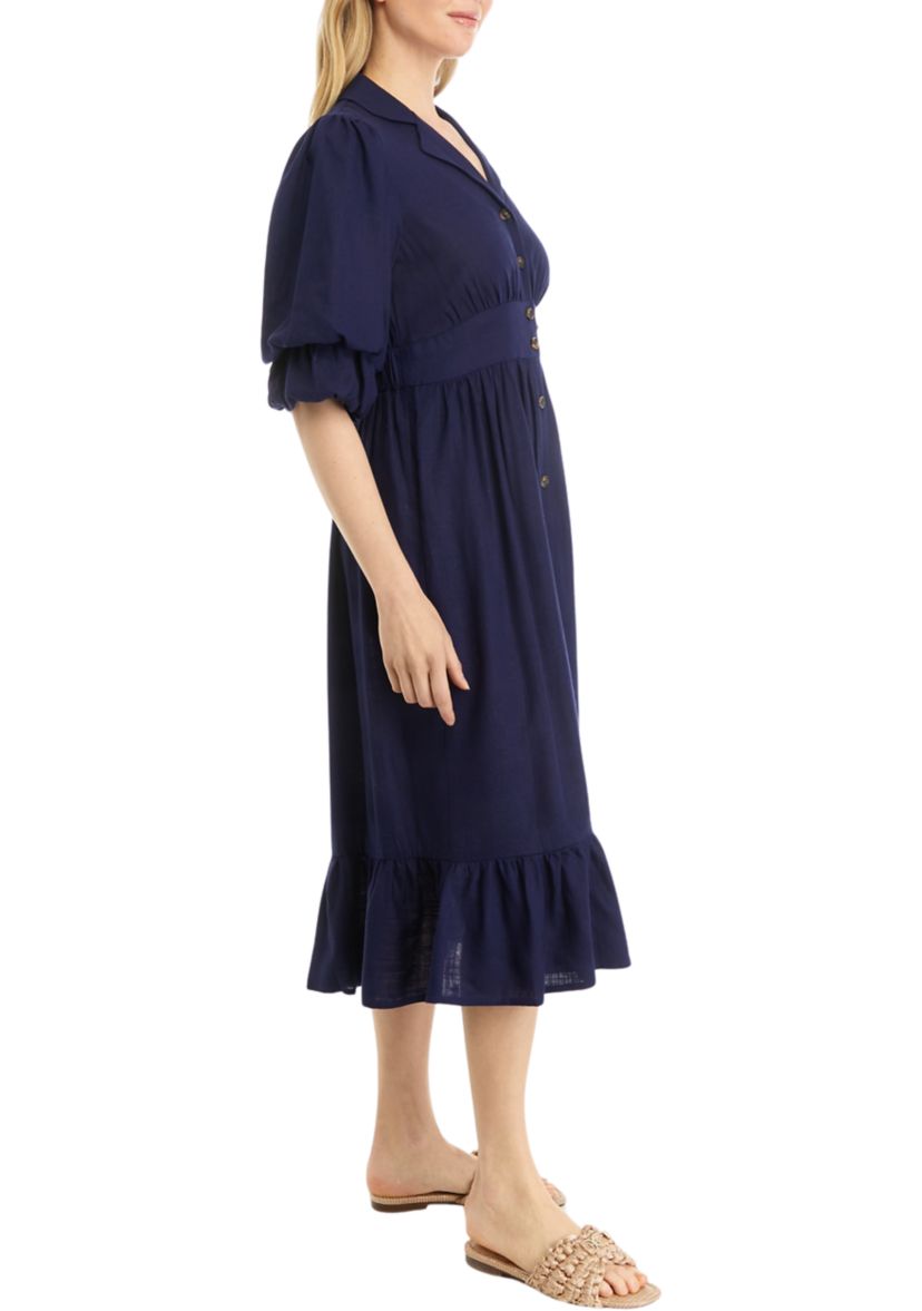 Womens Puff Sleeve Collar Linen Shirt Dress