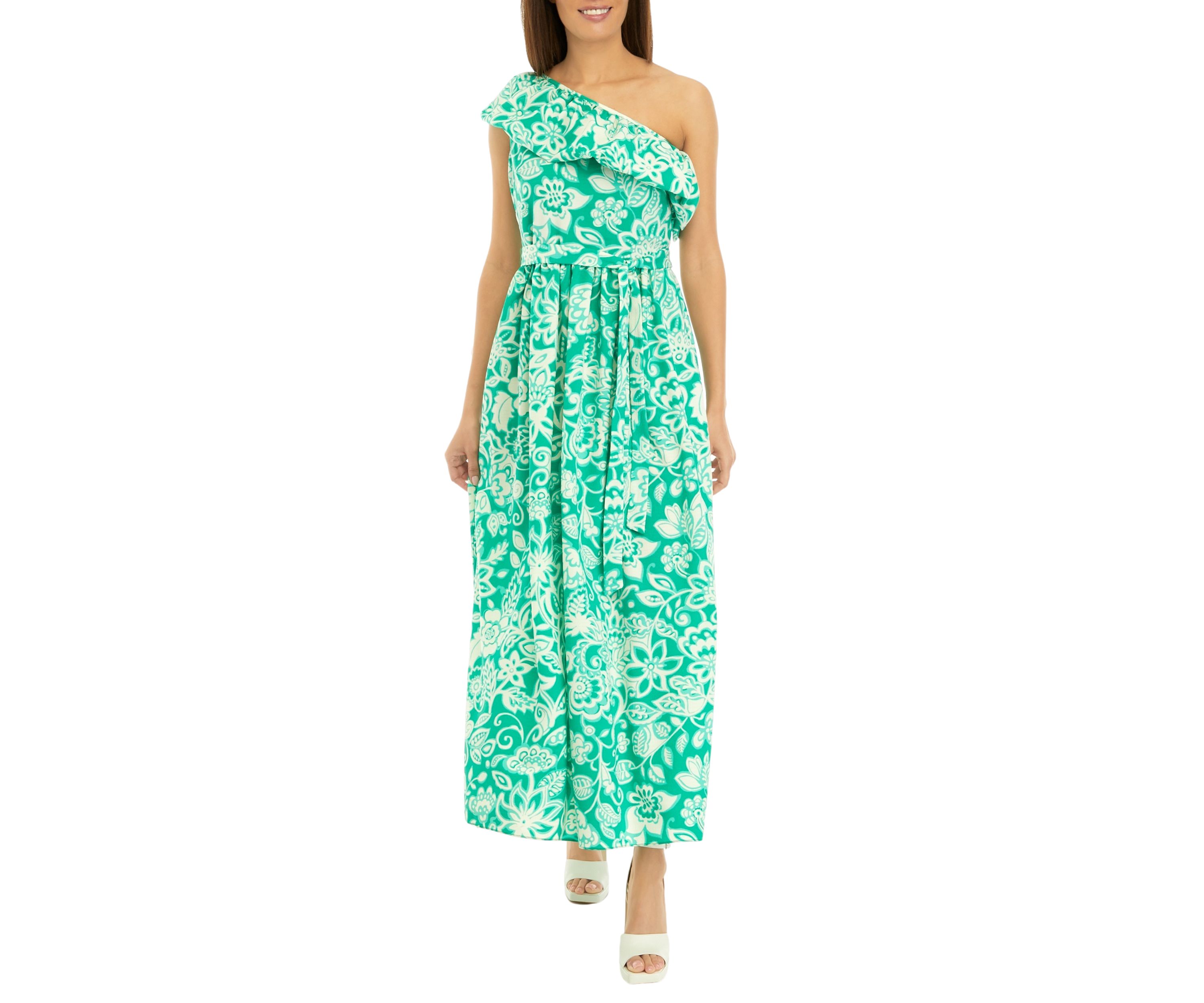 Womens Sleeveless One Shoulder Printed Crepe Maxi Dress