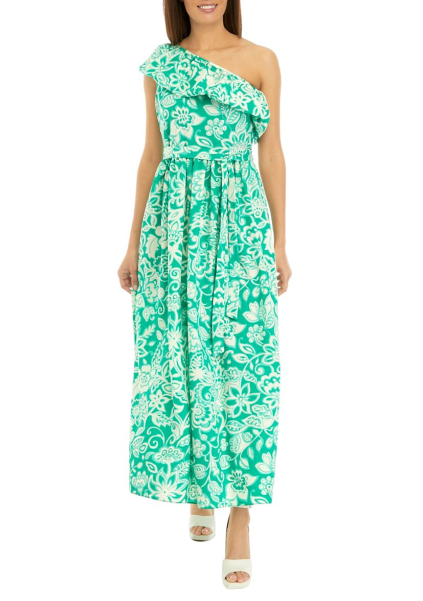 Womens Sleeveless One Shoulder Printed Crepe Maxi Dress