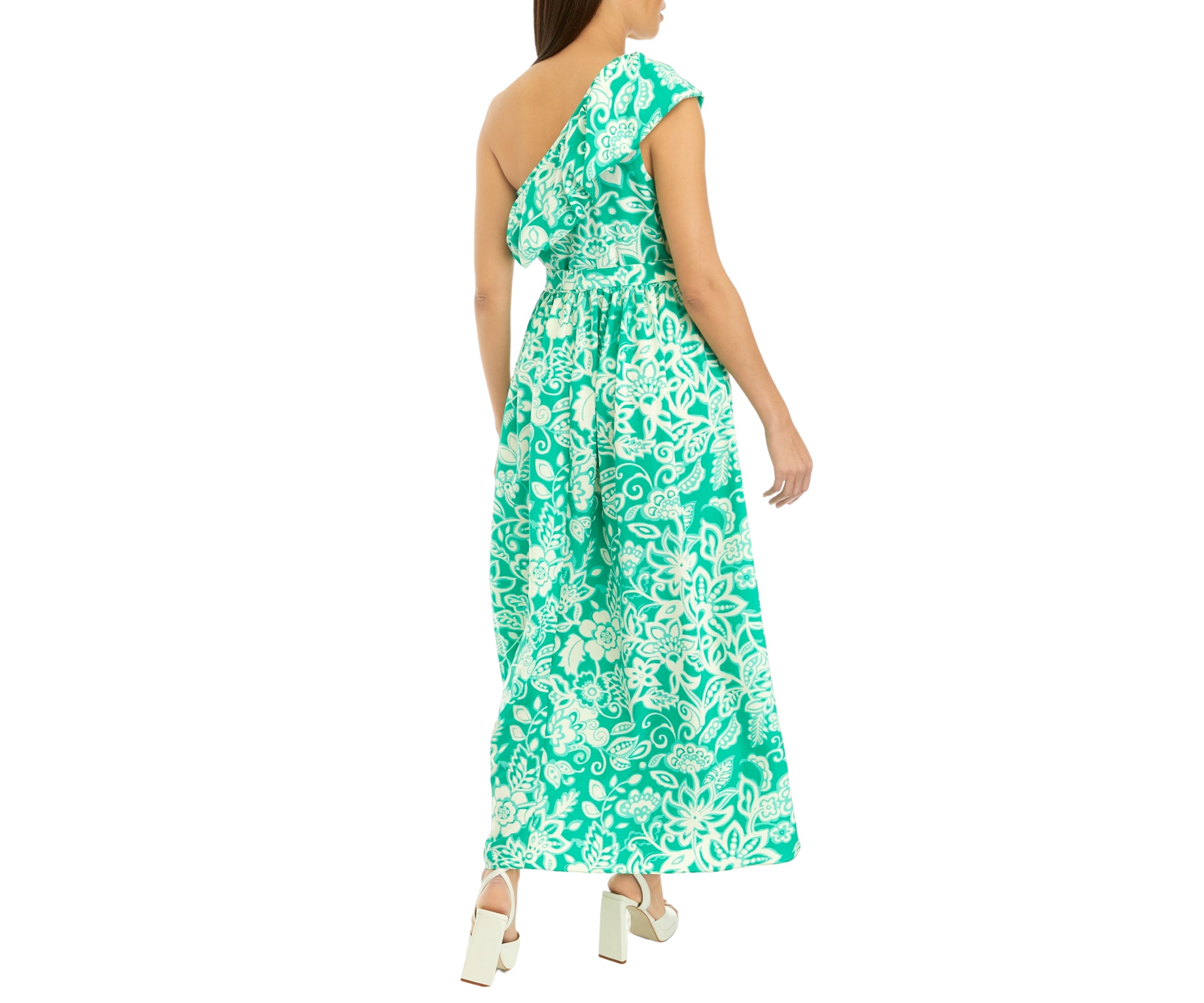 Womens Sleeveless One Shoulder Printed Crepe Maxi Dress
