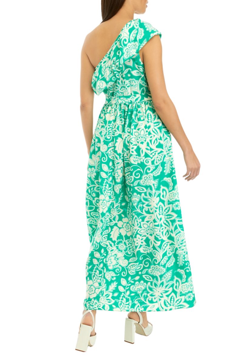 Womens Sleeveless One Shoulder Printed Crepe Maxi Dress