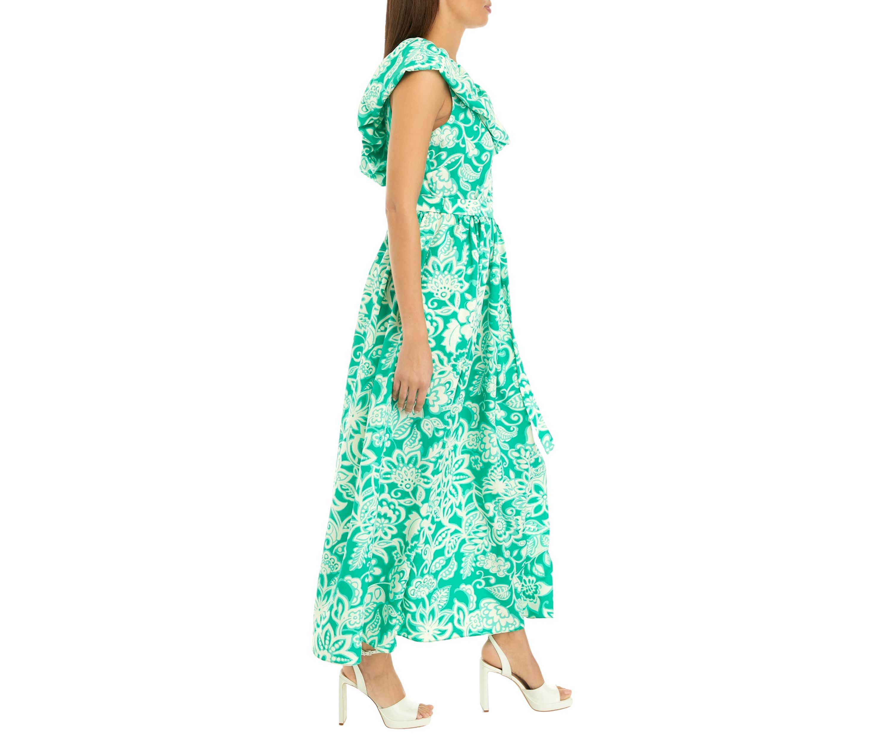 Womens Sleeveless One Shoulder Printed Crepe Maxi Dress