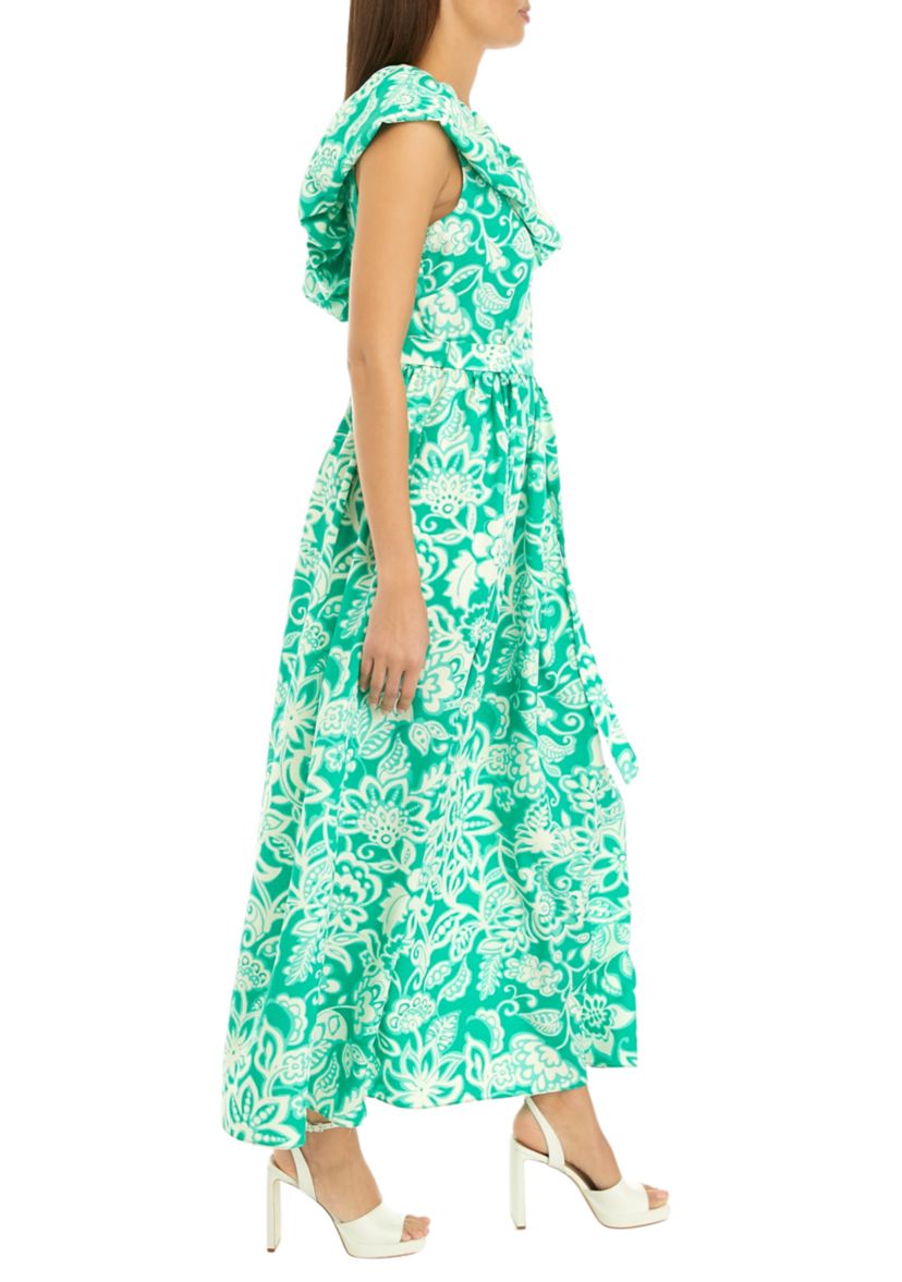 Womens Sleeveless One Shoulder Printed Crepe Maxi Dress