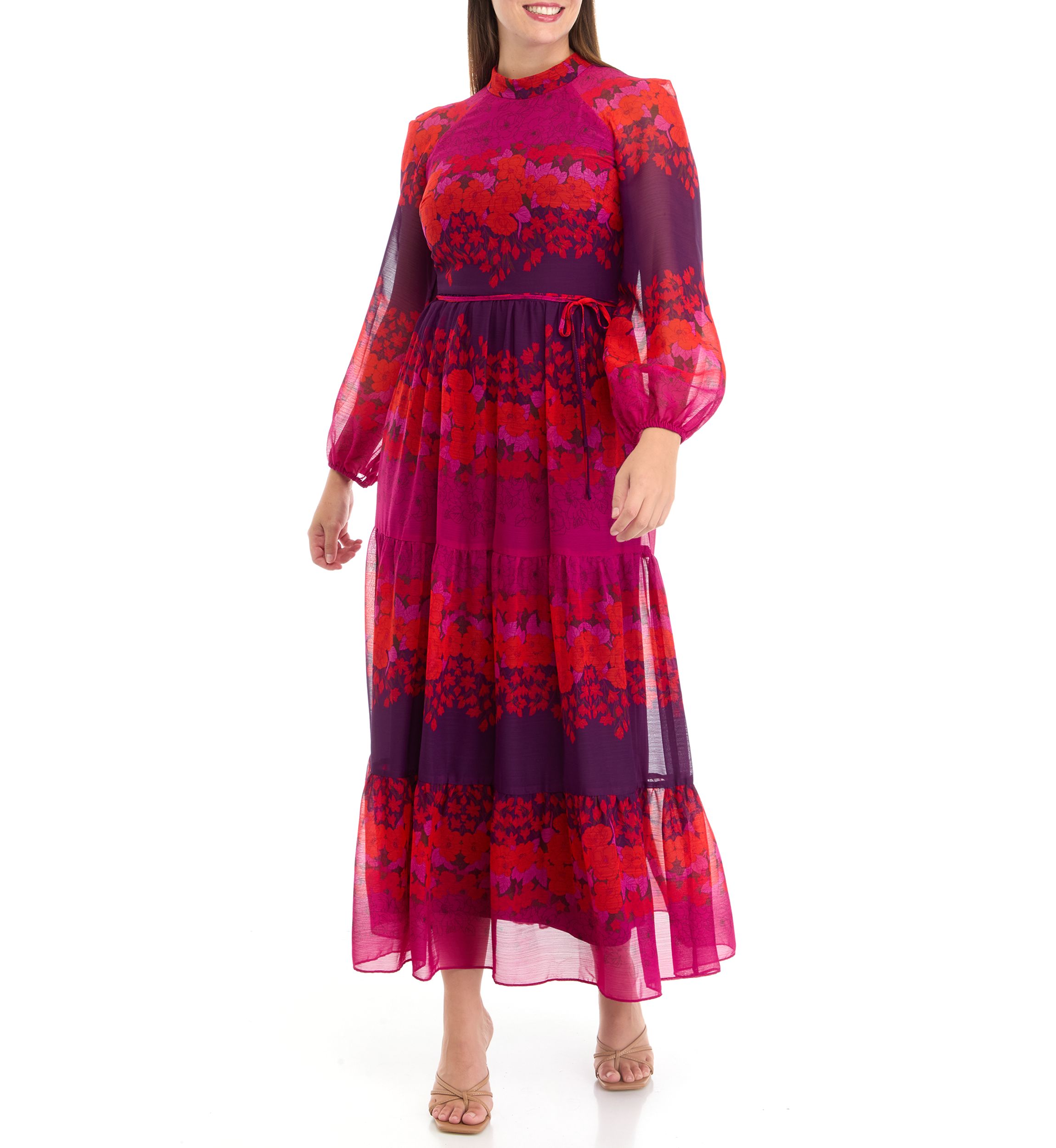 Womens Long Sleeve Mock Neck Printed Chiffon Fit and Flare Dress