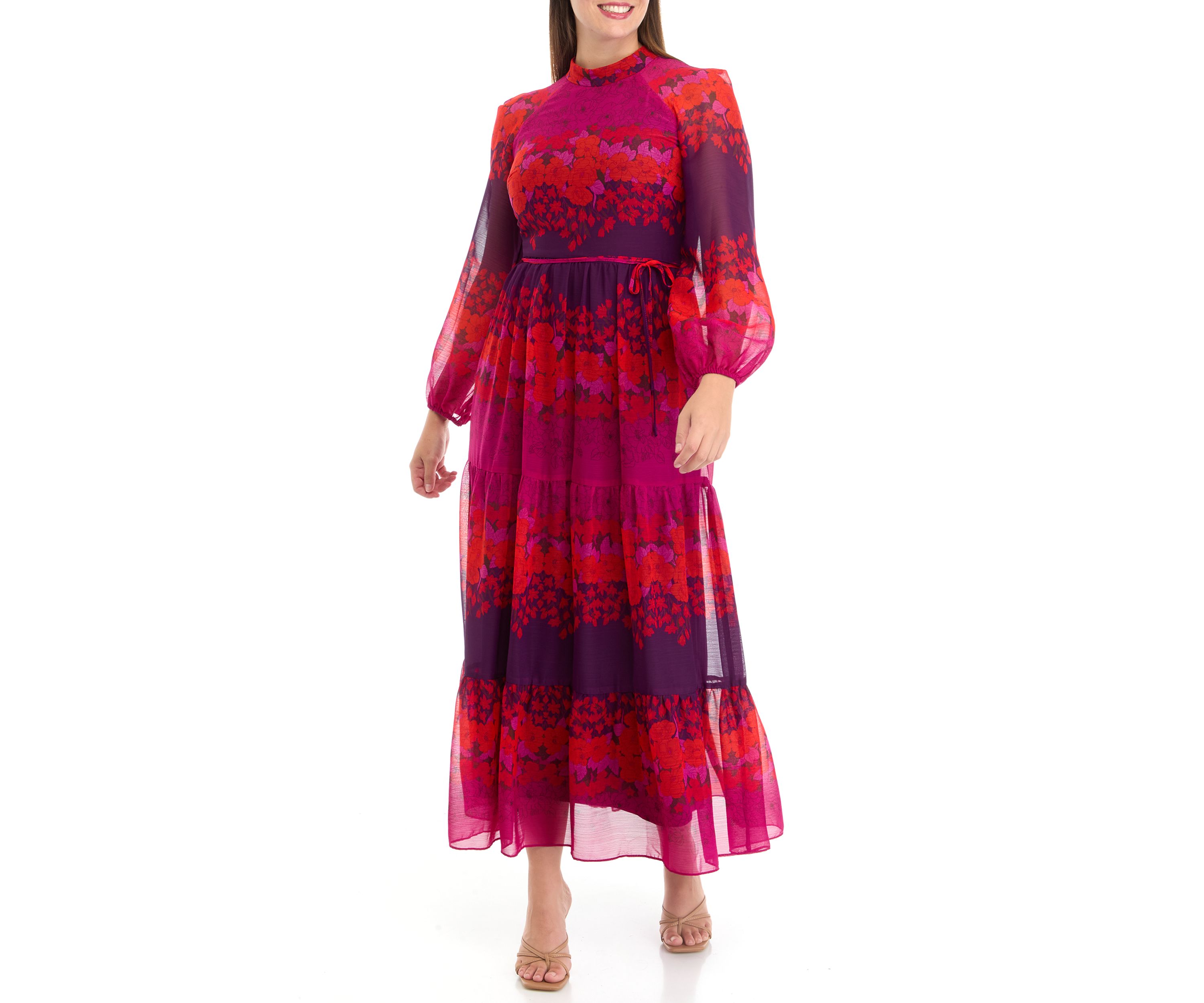 Womens Long Sleeve Mock Neck Printed Chiffon Fit and Flare Dress